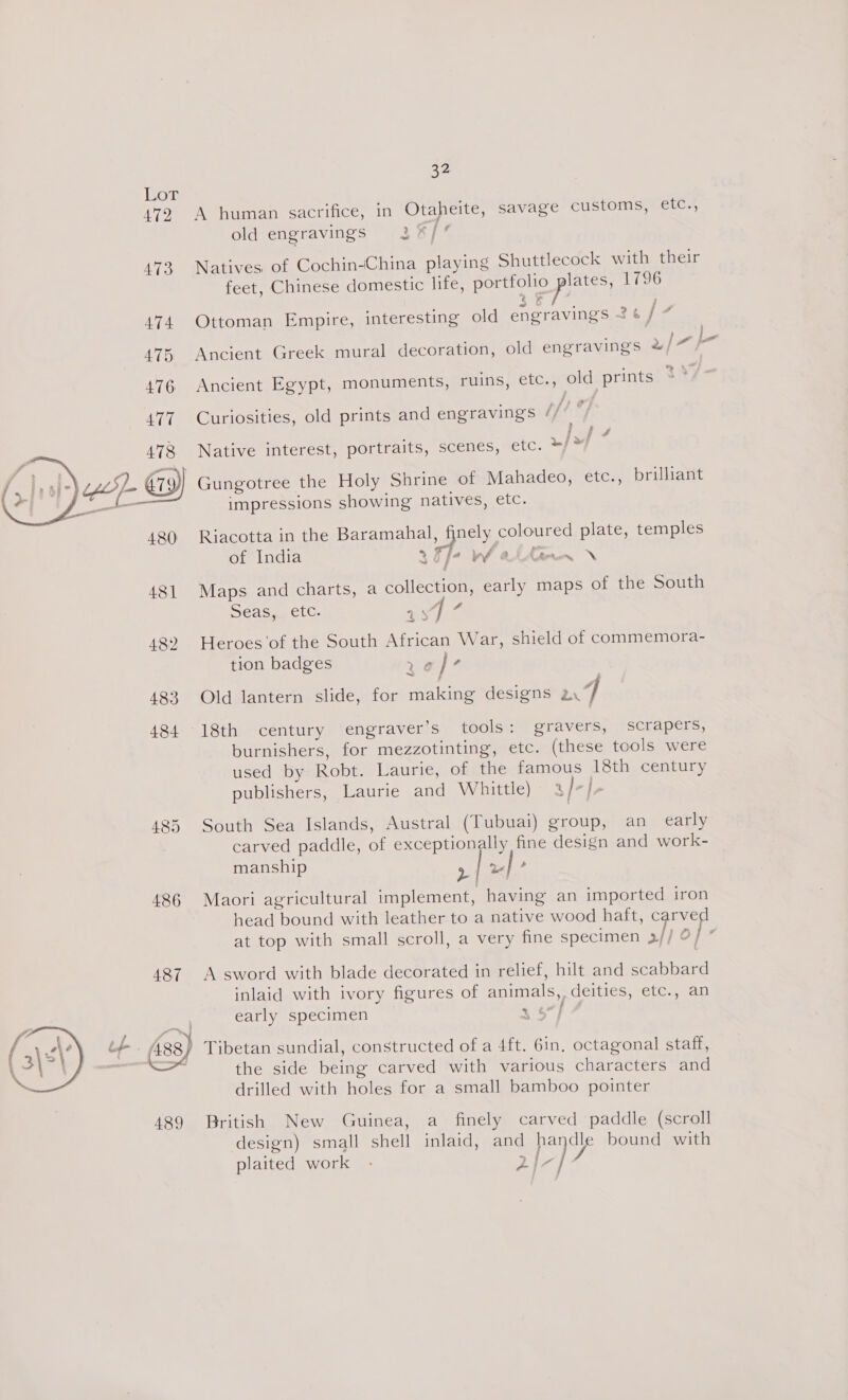  442 473  486 489 32 A human sacrifice, in Otaheite, savage customs, etc.) old engravings 2*/% Natives of Cochin-China playing Shuttlecock with their feet, Chinese domestic life, portfolio Pie} 1796 Ey Ottoman Empire, interesting old engravings 26 / Ancient Greek mural decoration, old engravings a/“/— Ancient Egypt, monuments, ruins, etc., old prints : gt Curiosities, old prints and engravings //— 2 2 ° c E | a ae, Native interest, portraits, scenes, etc. */*’ Gungotree the Holy Shrine of Mahadeo, etc., brilliant impressions showing natives, etc. Riacotta in the Baramahal, finely coloured plate, temples of India 4 7+ veh alten \ e Maps and charts, a collection, early maps of the South Seas, etc. , | 4 RS Heroes of the South African War, shield of commemora- tion badges 16 / s ~ Old lantern slide, for making designs 2, 4 18th century engraver’s tools: gravers, scrapers, burnishers, for mezzotinting, etc. (these tools were used by Robt. Laurie, of the famous 18th century publishers, Laurie and Whittle) 3 J+], South Sea Islands, Austral (Tubuai) group, an early carved paddle, of exceptionally fine design and work- manship 2 raf? Maori agricultural implement, having an imported iron head bound with leather to a native wood haft, carved at top with small scroll, a very fine specimen 3// O/ ” A sword with blade decorated in relief, hilt and scabbard inlaid with ivory figures of animals, deities, etc., an early specimen 3 6*/ Tibetan sundial, constructed of a 4ft. 6in, octagonal staff, the side being carved with various characters and drilled with holes for a small bamboo pointer British New Guinea, a finely carved paddle (scroll design) small shell inlaid, and handle bound with plaited work - LI-) J