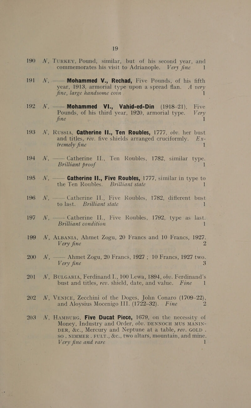 190 19] 192 193 199 200 201 202 203 et 19 TuRKEY, Pound, similar, but of his second year, and commemorates his visit to Adrianople. Very fine 1 —— Mohammed V., Rechad, live Pounds, of his fifth year, 1913, armorial type upon a spread flan. A very fine, large handsome coin 1 —— Mohammed VI., Vahid-ed-Din (1918-21), Five Pounds, of his third year, 1920, armorial type. Very fine Russia, Gatherine If., Ten Roubles, 1777, odv. her bust and titles, vev. five shields arranged cruciformly. Ex- tremely fine 1 —— Catherine II., Ten Roubles, 1782, similar. type. Brilliant proof 1 —-— Catherine Il., Five Roubles, 1777, similar in type to the Ten ens Brilliant state 1 —— Catherine II.; Five Roubles, 1782, different bust to last. Brilliant state 1 —— Catherine II., Five Roubles, 1792, type as last. Brilliant condition 1 Very fine 2 —— Ahmet Zogu, 20 Francs, 1927; 10 Francs, 1927 two. Very fine 3 BuLGARIA, Ferdinand I., 100 Lewa, 1894, obv. Ferdinand’s bust and titles, vev. shield, date, and value. Fine 1 VENICE, Zecchini of the Doges, John Conaro (1709-22), and Aloysius Mocenigo III. (1722-32). Fine 2 HAMBURG, Five Ducat Piece, 1679, on the necessity of Money, Industry and Order, 0bv. DENNOCH MUS MANIN- DER, &amp;c., Mercury and Neptune at a table, vev. GOLD . SO. NIMMER . FULT., &amp;c., two altars, mountain, and mine. Very fine and rare 1