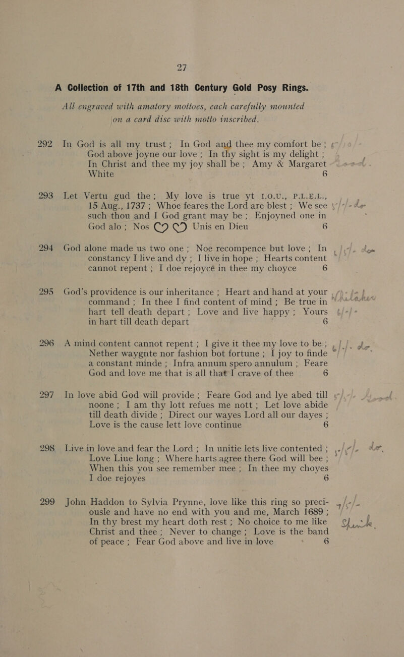 Phe Bf 299 27 on a card disc with motto wnscribed. God above joyne our love ; In thy sight is my delight ; In Christ and thee my joy shall be; Amy &amp; Margaret White 6 Let, Vertu, gud the; My love as. true yt HOw he, Pal Bis such thou and I God grant may be; Enjoyned one in God alo; Nos Co C”) Unis en Dieu 6 constancy I live and dy ; I livein hope ; Hearts content cannot repent ; I doe rejoycé in thee my choyce 6 hart tell death depart ; Love and live happy; Yours in hart till death depart j 6 A mind content cannot repent ; I give it thee my love to be ; Nether waygnte nor fashion bot fortune ; I joy to finde a constant minde ; Infra annum spero annulum ; Feare God and love me that is all that I crave of thee 6 noone; I am thy lott refues me nott ; Let love abide till death divide ; Direct our wayes Lord all our dayes ; Love is the cause lett love continue 6 Live in love and fear the Lord ; In unitie lets live contented ; Love Liue long ; Where harts agree there God will bee ; When this you see remember mee; In thee my choyes I doe rejoyes 6 John Haddon to Sylvia Prynne, love like this ring so preci- ousle and have no end with you and me, March 1689 ; In thy brest my heart doth rest ; No choice to me like Christ and thee; Never to change ; Love is the band of peace ; Fear God above and live in love ‘ 6 ~~