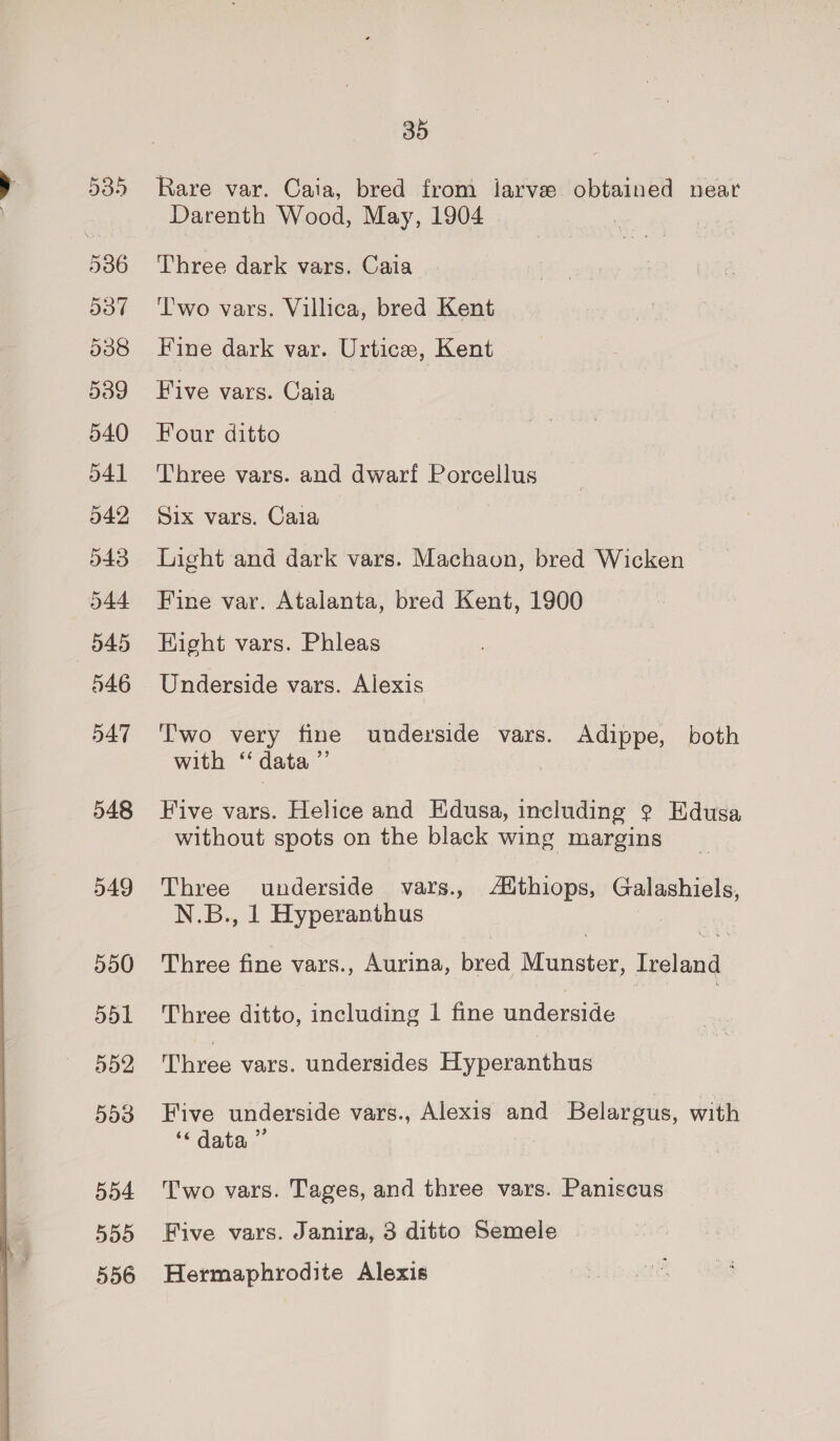 535 537 538 539 540 541 042 d43 544 545 546 547 548 554 559 556 35 Rare var. Caia, bred from larve obtained near Darenth Wood, May, 1904 Three dark vars. Cala T'wo vars. Villica, bred Kent Fine dark var. Urtice, Kent Five vars. Cala Four ditto Three vars. and dwarf Porcellus Six vars. Cala Light and dark vars. Machaon, bred Wicken Fine var. Atalanta, bred Kent, 1900 Hight vars. Phleas Underside vars. Alexis Two very fine underside vars. Adippe, both with ‘data ”’ Five vars. Helice and Edusa, including ? Edusa without spots on the black wing margins Three underside vars., Althiops, Galashiels, N.B., 1 Hyperanthus Three fine vars., Aurina, bred Munster, Ireland Three ditto, including 1 fine underside Three vars. undersides Hyperanthus Five underside vars., Alexis and Belargus, with Crlauteue: Two vars. Tages, and three vars. Paniscus Five vars. Janira, 3 ditto Semele Hermaphrodite Alexis