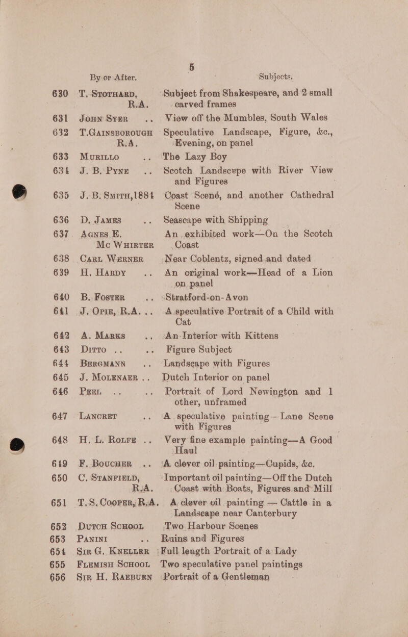 630 631 632 633 634 635 636 638 639 640 641 642 643 644 645 646 647 648 649 650 651 652 653 654 655 656 By or After, T, STOTHARD, R. JoHN SYER T.GAINSBOROUGH R.A. MuvRILLO J.B. Pyne J. B. Smitry,l88t D, JAMES AGNES EK. Mc WHIRTER Cart WeRNER H,. Harpy B.. Foster J. Opiz, RvA... A. Marks Dirrro: «. BERGMANN J. MoLENAER .. PEEL LANCRET H. L. Roure .. F, BoucHEr C,. STANFIELD, JA. 5 Subjects. Subject from Shakespeare, and 2 small carved frames View off the Mumbles, South Wales Speculative Landscape, Figure, &amp;., Evening, on panel The Lazy Boy Scotch Landscepe with River View and Figures 2 Coast Scené, and another Cathedral Scene Seascape with Shipping An , exhibited work—On the Scotch Coast Near Coblentz, signed.and dated An original work—Head of a Lion on panel Stratford-on- Avon A speculative Portrait of a Child with Cat . An Interior with Kittens Figure Subject Landscape with Figures Dutch Interior on panel Portrait of Lord Newington and 1 other, unframed A speculative painting—Lane Scene with Figures Very fine example painting—A Good | Haul ‘A clever oil. painting —Cupids, &amp;c. Important oil painting—Off the Dutch Coast with Boats, Figures.and Mill » DutcH ScHooL PANINI Sir G, KNELLRR FLEMISH SCHOOL Sir H. RaEBurn Landscape near Canterbury Two Harbour Scenes Ruins and Figures Two speculative panel paintings Portrait of a Gentleman