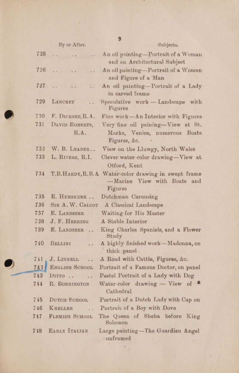 all 725 726 727 729 730 731 732 733 734 735 736 737 738 739 740 741 742 744 745 746 747 748 9 By or After. Subjects. An oil painting—Portrait of a Woman and an Architectural Subject An oil painting— Portrait of a Woman and Figure of a Man : An oil painting—Portrait of a Lady in carved frame LANCRET .. ‘Speculative work — Landscape with Figures F, Dickser,R.A. Fine work—An Interior with Figures Davip Roperts, Very fine oil paining—View at St. R.A. Marks, Venice, numerous Boats Figures, &amp;c. . W. B. Leaper.. View on the Lluwgy, North Wales L. Rivers, R.I. Clever water-color drawing—View at Otford, Kent T.B.Harpy,R.B,A Water-color drawing in swept frame —Marine View with Boats and Figures : K. Hemskerk .. Dutchman Carousing Sir A.W. Catcor A Classical Landscape E, LANDSEER Waiting for His Master J. F. Herrine A Stable Interior HK. Lanpseer .. King Charles Spaniels, and a Flower Study BELLINI .. A highly finished work— Madonna, on ' thick panel . J. Linnetn .. A Road with Cattle, Figures, &amp;c. EneuisH ScHoot Portrait of a Famous Doctor, on panel rpTO* .. Pastel Portrait of a Lady with Dog R. Bonninaton Water-color drawing — View of ® Cathedral] DutoH ScHOOL Portrait of a Dutch Lady with Cap on KNELLER .. Portrait of a Boy with Dove FLemisH Schoo. The Queen of Sheba before King Solomon Earty Iranian _—_ Large painting—The Guardian Angel unframed ees,