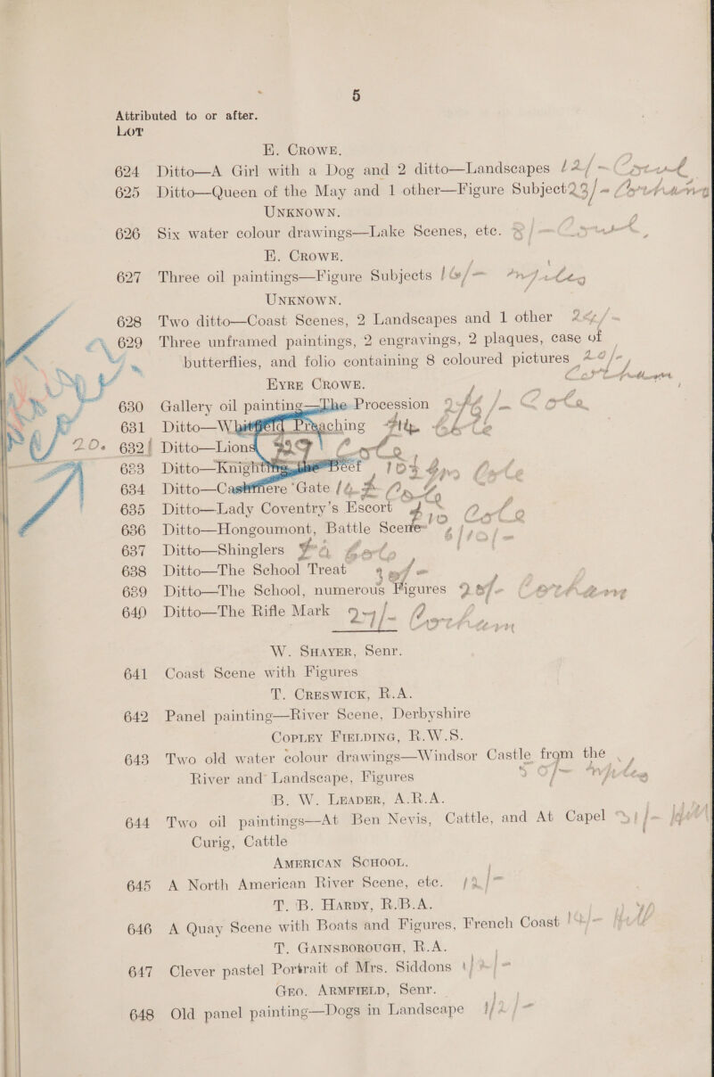  624 625 626 627 630 631 683 634 635 636 637 638 689 640 641 642 643 644 646 647 648 Ei. CROWE, ie oe Ditto—A Girl with a Dog and 2 ditto—Landscapes /2/ ~( ~ (“atid Ditto—Queen of the May and 1 other—Figure ieee. ) oe, Aur ee UNKNOWN. ; Six water colour drawings—Lake Scenes, etc. 7 / ==(<_.9 ye, E. CRoweE. Three oil paintings—Fieure Subjects biv/— nF atte UNKNOWN. Two ditto—Coast Scenes, 2 Landscapes and 1 other | Three unframed paintings, 2 engravings, 2 plaques, case of butterflies, and folio containing 8 coloured pictures 4 Wig ay ne 2 j #2 “i ie ~ a ' EYRE CROWE. / Gallery oil pamtng ~ gua ees 2 th |. SS Gta geal : ge J fad f ; se Ditto—W. hatte sid Preaching ey bet e  Siar A = Ditto—Lion oto : Ditto—Knighit 6 3 3, p Ditto—Castrffiere Gate (4.4 A. Y' Ditto—Lady Coventry’s Escort | be: A . Ditto—Hongoumont, Battle sal) i ree : “ Ditto—Shinglers im A fact a Ditto—The School Tee 4 wy J on | Ditto—The School, numerous Figures 28 e (Ith tev Ditto—The Rifle Mark or 3 7. f. Un (arthiesan W. SHAYER, deer Coast Scene with Figures T. Creswick, R.A. Panel painting—River Scene, Derbyshire Copiay Frenpine, R.W.S. Two old water colour drawings—Windsor Castle from rae River and Landscape, Figures th ” ft blue IB. W. Leaper, A.R.A. Two oil paintings—At Ben Nevis, Cattle, and At Capel “y;, Curig, Cattle AMERICAN SCHOOL. A North American River Scene, etc. /3/* T.iB. Harpy, RJBVA. A Quay Scene with Boats and Figures, French Coast 14 T. GAINSBOROUGH, R.A. | Clever pastel Portrait of Mrs. Siddons pm] Gro. ARMFIELD, Senr. | | Old panel painting—Dogs in Landscape M2 a i bge me