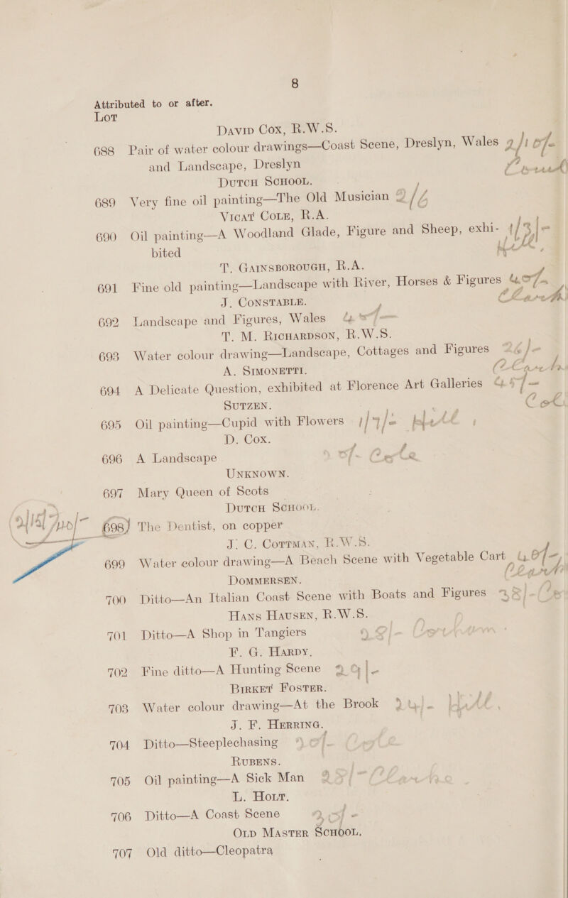 688 691 692 693 694 Davin Cox, R.W.S. Pair of water colour drawings—Coast Scene, Dreslyn, Wales 4 /! I and Landscape, Dreslyn 2 DutrcH ScHoon. Cort Very fine oil painting—The Old Musician | / pA Vicat Cotz, R.A. i Oil painting—A Woodland Glade, Figure and Sheep, exhi- (3, bited ee! ry = T. GAINsBoROUGH, R.A. Fine old painting—Landsecape with River, Horses &amp; Figures uo, je J. CONSTABLE. Chas Landscape and Figures, Wales 44 = T. M. Ricuarpson, R.W.S.  Water colour drawing—Landscape, Cottages and Figures 2 /— A. SIMONETTI. (24 a os A Delicate Question, exhibited at Florence Art Galleries © ¢ ts SUTZEN. . “ Oil painting—Cupid with Flowers | 4 /e = , a D. Cox. Sia A Landscape c 4 OF ge ln UNKNOWN. Mary Queen of Scots _ Dutcon SCHGOL.  704 705 706 707 J. C. Cortman, R.W.5 ; Water colour drawing—A Beach Scene with Vegetable Cart G O07 DOMMERSEN. (La Hans Hausen, R.W.S. Ditto—A Shop in Tangiers FF. G> Hiarpy. Fine ditto—A Hunting Scene % &amp; B ae BirxEt Foster. Water colour drawing—At the Brook 4 2}, J. F. cs Ditto—Steeplechasing RUBENS. Oil paintine—A Sick Man © L. Hour, Ditto—A Coast Scene i Oup MASTER Suber. Old ditto—Cleopatra