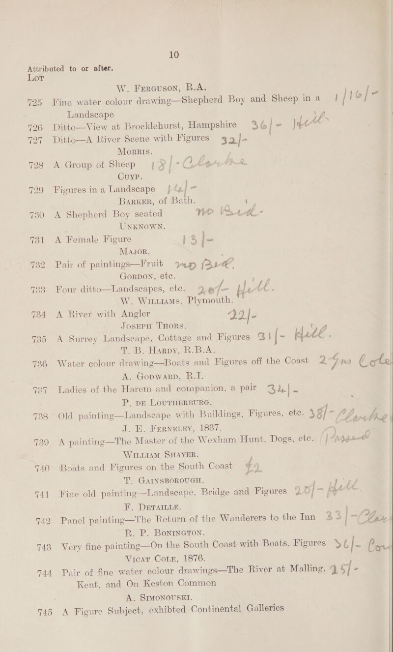 Lot = a) bo ~l ts) ) ~] wD Ot 736 ~] (ob) ~J 739. 740 741 742 743 745 W. Ferevuson, R.A. ; Fine water colour drawing—Shepherd Boy and Sheep ina |} / }&amp;] Landscape Ditto—View at Brocklehurst, Hampshire % | = Ife ier ee, Ditto—A River Scene with Figures 32 |- | Morris. . ? A Group of Sheep yp» | - (£44.42 Cuype. Ss Figures ina Landscape | ¢s/ = BARKER, of Bau t A Shepherd Boy seated Ne v4 t- UNKNOWN. A Female Figure } )- Magor. Pair of paintings—Fruit Jag fAidg GORDON, etc. ee ae Four ditto—Landscapes, ete. 28 f— a Lf W. WILLiaMs, El outh: ' A River with Angler dd |- JosEPH THORS. A Surrey Landscape, Cottage and Figures &amp; 1 { - Ked€ . a B. PARpy eB. AS Water colour drawinge—Boats and Figures off the Coast 2 4 ww Z ae / o A. Gopwarp, R.I. ieee: of the Harem and companion, a pair 2), | P. DE LouTHERBURG. Old painting—Landscape with Buildings, Figures, ete. 4 g/- J. EH. Farneiey, 1837. “ , A painting—The Master of the Wexham Hunt, Dogs, ete. | } yr WILLIAM SHAYER. ; ‘Boats and Figures on the South Coast 4 T. GAINSBOROUGH, a Sek ; Fine old painting—Landseape, Bridge and Figures ) © | = py tA FE, DETAILLE. Panel painting—The Return of the Wanderers to the Inn 3 3 / ~{/G, R. P. Bonineton. ; Very fine painting—On the South Coast with Boats, Figures 4 ¢ Be p Vicar Cone, 1876. as Pair of fine water colour drawings—The River at Malling, 3 Kent, and On Keston Common A. StmMonovskt. A Figure Subject, exhibted Continental Galleries