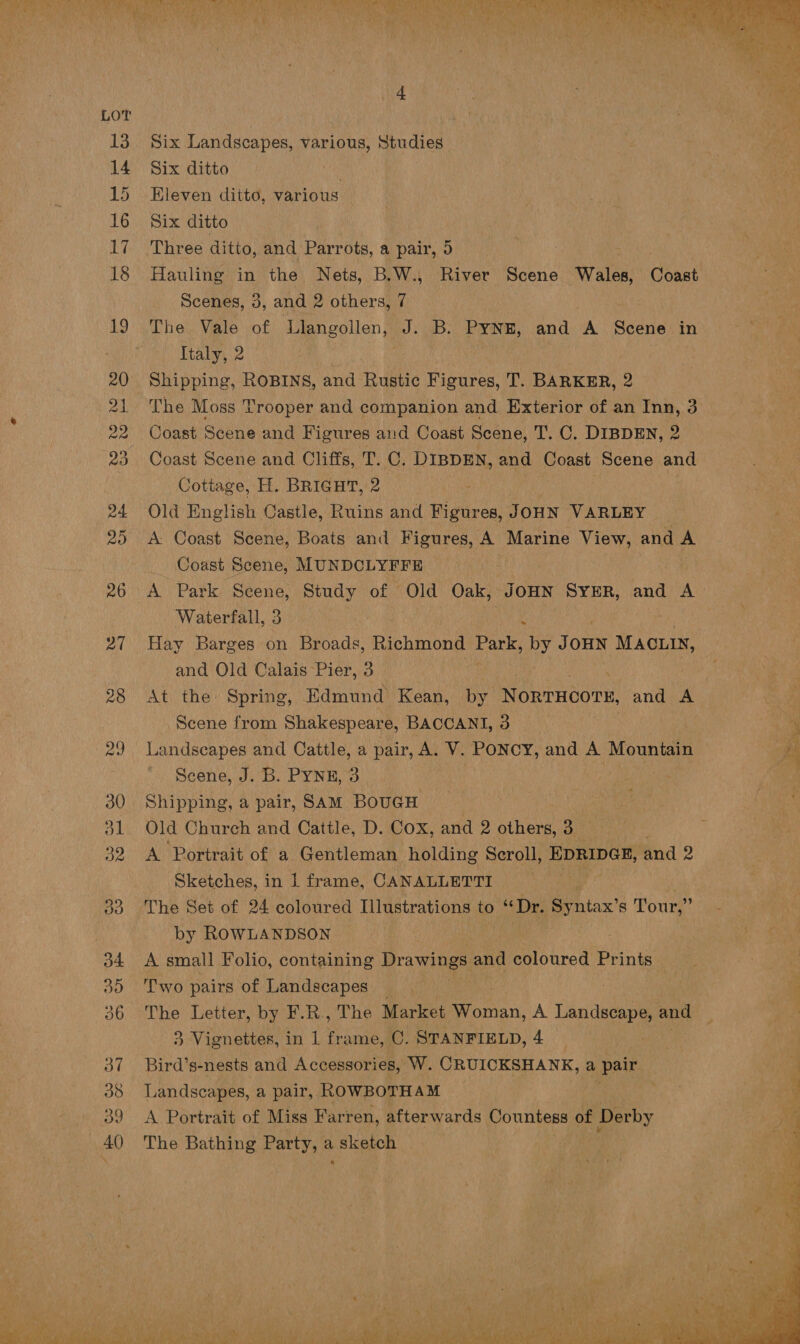 o  Six Landscapes, ee Studies Six ditto Eleven ditto, various Six ditto Hauling in the Nets, B.W., River Scene Wales, Conat! Scenes, 3, and 2 others, 7 The Vale of Llangollen, 4g B. PYNE, and A Scene in Italy, 2 The Moss Trooper and companion and Exterior of an Inn, 3 Coast Scene and Figures and Coast Scene, T. C. DIBDEN, 2 Coast Scene and Cliffs, T. C. DIBDEN, and Coast Scene and Cottage, H. BRIGHT, 2 Old English Castle, Ruins and Figures, JOHN VARLEY _ A Coast Scene, Boats and Figures, A Marine View, and > — Coast Scene, MUNDCLYFFE A Park Scene, Study of Old Oak, JOHN SYER, and a Waterfall, 3 2 Hay Barges on Broads, Richmond See by Jou MACLIN, and Old Calais Pier, 3 At the: Spring, Edmund Kean, by NR oninnoni and A Scene from Shakespeare, BACCANI, 3 | Landseapes and Cattle, a pair, A. V. PONCY, and A Mountain y Scene, J. B. PYNE, 3 Shipping, a pair, SAM BouGH Old Church and Cattle, D. Cox, and 2 athens Bue A Portrait of a Gentleman holding Scroll, EDRIDGE, and 2 Sketches, in 1 frame, CANALLETTI * The Set of 24 coloured Illustrations to “Dr. Sy tax? s Tour,” by ROWLANDSON | A small Folio, containing Drawings and coloured Prints Two pairs of Landscapes _ The Letter, by F.R., The Market Woman, A Lancsenpe and 3 Vignettes, in 1 ane C. STANFIELD, 4 © | Bird’s-nests and Accessories, W. CRUICKSHANK, a pair ; Landscapes, a pair, ROWBOTHAM i Fee 4 A Portrait of Miss Far ren, afterwards Countess of ey a The Bathing Party, a : sketch By # Ws am 2-33 