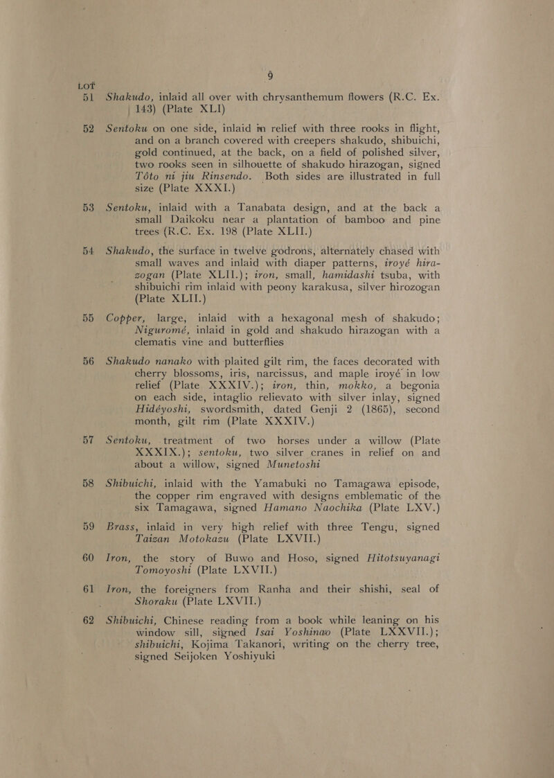 51 52 53 54 55 56 BT 58 59 60 61 62 9 Shakudo, inlaid all over with chrysanthemum flowers (R.C. Ex. 143) (Plate XLI) Sentoku on one side, inlaid m relief with three rooks in flight, and on a branch covered with creepers shakudo, shibuichi, gold continued, at the back, on a field of polished silver, two rooks seen in silhouette of shakudo hirazogan, signed Této ni jiu Rinsendo. Both sides are illustrated in full size (Plate XXXI.) Sentoku, inlaid with a Tanabata design, and at the back a small Daikoku near a plantation of bamboo and pine teeeetin.C. Ex; 198) (Plate XLII.) Shakudo, the surface in twelve godrons, alternately chased with small waves and inlaid with diaper patterns, iroyé hira- zogan (Plate XLII.); iron, small, hamidashi tsuba, with shibuichi rim inlaid with peony karakusa, silver hirozogan (Plate XLII.) Copper, large, inlaid with a hexagonal mesh of shakudo; Niguromé, inlaid in gold and shakudo hirazogan with a clematis vine and butterflies cherry blossoms, iris, narcissus, and maple iroyé in low relief (Plate XXXIV.); iron, thin, mokko, a_ begonia on each side, intaglio relievato with silver inlay, signed Hidéyoshi, swordsmith, dated Genji 2 (1865), second month, gilt rim (Plate XXXIV.) | Sentoku, .treatment of two horses under a willow (Plate XXXIX.); sentoku, two silver cranes in relief on and about a willow, signed Munetosht Shibuichi, inlaid with the Yamabuki no Tamagawa episode, the copper rim engraved with designs emblematic of the six Tamagawa, signed Hamano Naochika (Plate LXV.) Brass, inlaid in very high relief with three Tengu, signed Taizan Motokazu (Plate LXVII.) Iron, the story of Buwo and Hoso, signed Hitotswyanagi Tomoyoshi (Plate LXVII.) Ivon, the foreigners from Ranha and their shishi, seal of - Shoraku (Plate LX VII.) , Shibuichi, Chinese reading from a book while leaning on his window sill, signed Isai Yoshinao (Plate LXXVII.); shibuichi, Kojima Takanori, writing on the cherry tree, signed Seijoken Yoshiyuki