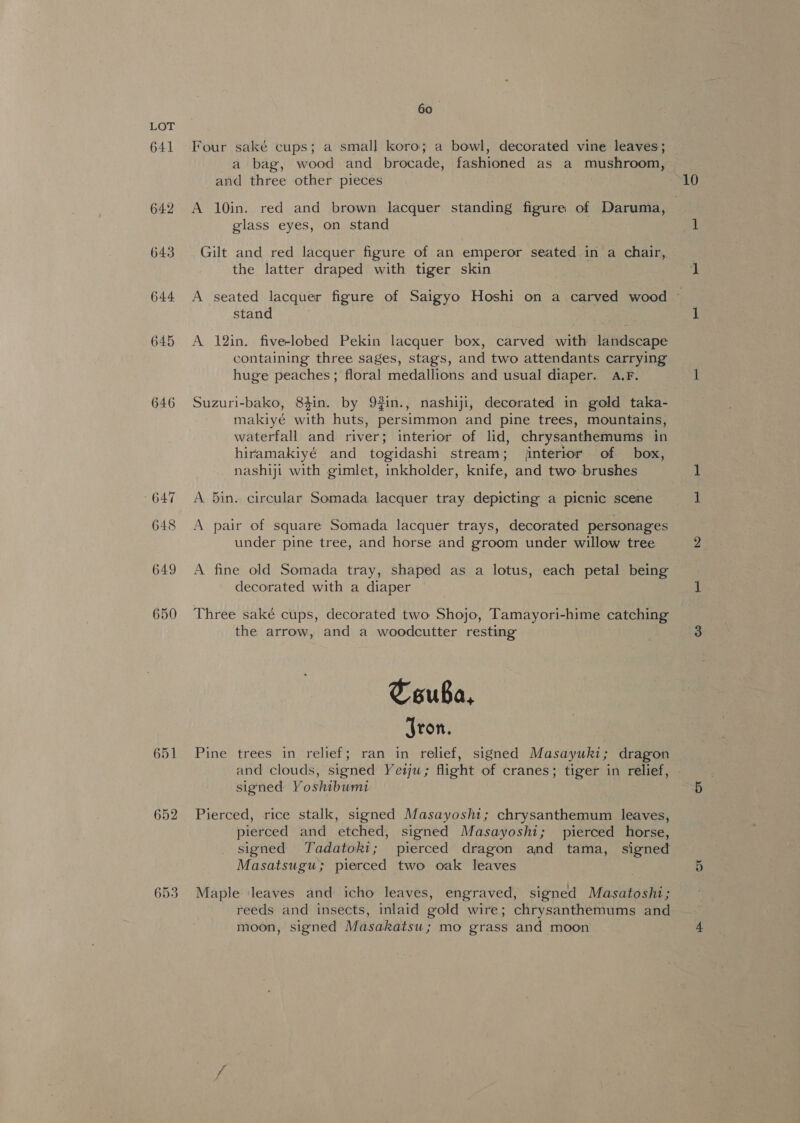 641 642 643 644 645 646 647 648 649 650 651 652 653 60 Four saké cups; a small koro; a bowl, decorated vine leaves; a bag, wood and brocade, fashioned as a mushroom, A 10in. red and brown lacquer standing figure of Daruma, glass eyes, on stand Gilt and red lacquer figure of an emperor seated in a chair, the latter draped with tiger skin containing three sages, stags, and two attendants carrying huge peaches; floral medallions and usual diaper. A.F. Suzuri-bako, 84in. by 9#in., nashiji, decorated in gold taka- makiyé with huts, persimmon and pine trees, mountains, waterfall and river; interior of lid, chrysanthemums in hiramakiyé and togidashi stream; interior of box, nashiji with gimlet, inkholder, knife, and two brushes A Bin. circular Somada lacquer tray depicting a picnic scene A pair of square Somada lacquer trays, decorated personages under pine tree, and horse and groom under willow tree A fine old Somada tray, shaped as a lotus, each petal being decorated with a diaper the arrow, and a woodcutter resting Tsuba, ‘Jron. Pine trees in relief; ran in relief, signed Masayuki; dragon and clouds, signed Yeu; flight of cranes; tiger in relief, signed Yoshibumi Pierced, rice stalk, signed Masayosht; chrysanthemum leaves, pierced and etched, signed Masayoshi; pierced horse, signed Tadatoki; pierced dragon and tama, signed Masatsugu; pierced two oak leaves Maple ‘leaves and icho leaves, engraved, signed Masatoshi; reeds and insects, inlaid gold wire; chrysanthemums and moon, signed Masakatsu; mo grass and moon