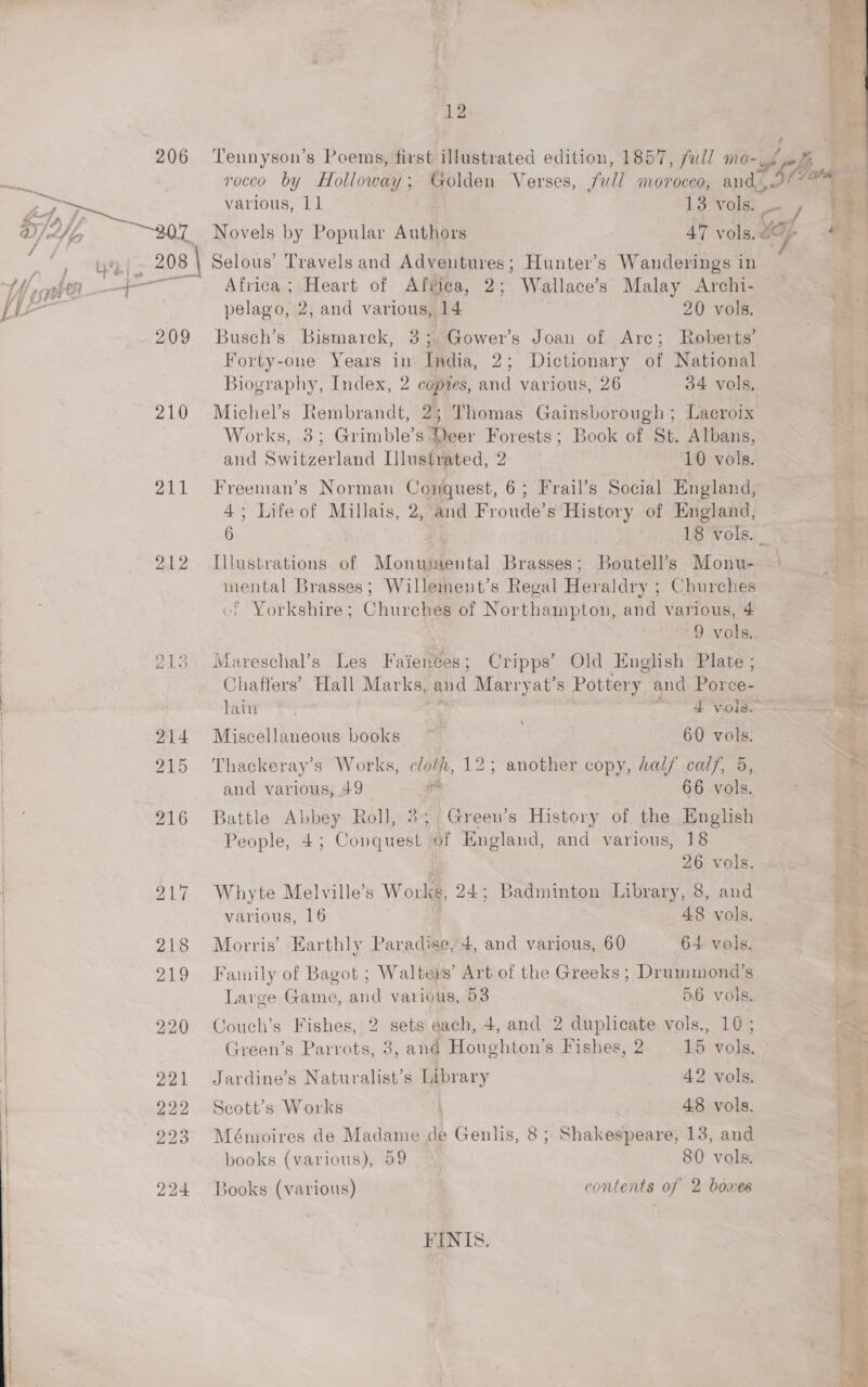 211 212 12 Tennyson’s Poems, first illustrated edition, 1857, full rid ef, hs rocco by Holloway ; Golden Verses, full morocco, and Mies Novels by Popular Authors 47 vols. sof Selous’ Travels and Adventures; Hunter’s Wanderings in c Africa ; Heart of Afvica, 2; Wallace’s Malay Archi- a : Osi Busch’s Bismarck, 8; Gower’s Joan of Are; Roberts’ Forty-one Years in India, 2; Dictionary of National Biography, Index, 2 copies, and various, 26 34 vols, ee Michel’s Rembrandt, 2; Thomas Gainsborough ; Lacroix Be Works, 3; Grimble’s Deer Forests; Book of St. Albans, x and Switzerland Lilustrated, 9 10 vols. Freeman’s Norman Conquest, 6; Frail’s Social England, 4; Lifeof Millais, 2,’and Froude’ s History of England, ae 6 18 vols. _ ‘ Tiigaerat one of Monaktentel Brasses; Boutell’s Monu- ao mental Brasses; Willement’s Regal Heraldry ; Churches «! Yorkshire; Churches of Northampton, and various, 4 -9 vols... we Mareschal’s Les Faienées ; Cripps’ Old English Plate ; ak Chaffers’ Hall Marks, ‘and Marryat’s Pottery. and Por ee- Jain I Vols.” J bstide, 1 fete F om psig. Pathe app o Thackeray’s Works, cloth, 12; another copy, half calf, 5 Battle Abbey Roll, 3; Green’s History of the English ‘ People, 4; Donates cof England, and various, 18 & Whyte Melville’s Work s, 24; Badminton Library, 8, and ee various, 16 48 vols. oR Morris’ Karthly Paradise, 4, and various, 60 64 vols. f Family of Bagot ; Waltevs’ Art of the Greeks ; Drummond's Me. Large Game, and various, 53 56 vols. Le Couch’s Fishes, 2 sets each, 4, and 2 duplicate vols., 10 ; eS Green’s Parrots, 3, and Houghton’s Fishes, 2 15 vols. bg Jardine’s Naturalist’s Library 42 vols. ; : Scott’s Works | 48 vols. f Mémoires de Madame de Genlis, 8; Shakespeare, 13, and books (various), 59 80 vols. | Books (various) contents of 2 boxes FINIS.