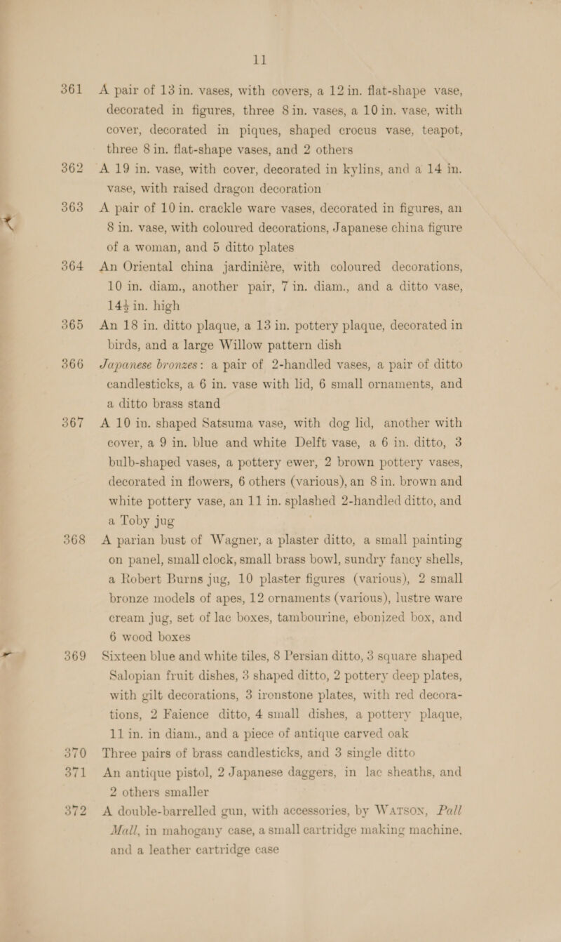 361 364 365 366 367 368 369 &amp; A pair of 13 in. vases, with covers, a 12 in. flat-shape vase, decorated in figures, three Sin. vases, a 10 in. vase, with cover, decorated in piques, shaped crocus vase, teapot, three 8 in. flat-shape vases, and 2 others A 19 in. vase, with cover, decorated in kylins, and a 14 in. vase, with raised dragon decoration A pair of 10 in. crackle ware vases, decorated in figures, an 8 in. vase, with coloured decorations, Japanese china figure of a woman, and 5 ditto plates An Oriental china jardiniére, with coloured decorations, 10 in. diam., another pair, 7 in. diam., and a ditto vase, 14$ in. high An 18 in. ditto plaque, a 13 in, pottery plaque, decorated in birds, and a large Willow pattern dish Japanese bronzes: a pair of 2-handled vases, a pair of ditto candlesticks, a 6 in. vase with lid, 6 small ornaments, and a ditto brass stand A 10 in. shaped Satsuma vase, with dog lid, another with cover, a 9 in. blue and white Delft vase, a 6 in. ditto, 3 bulb-shaped vases, a pottery ewer, 2 brown pottery vases, decorated in flowers, 6 others (various), an 8 in. brown and white pottery vase, an 11 in. splashed 2-handled ditto, and a Toby jug A parian bust of Wagner, a plaster ditto, a small painting on panel, small clock, small brass bowl, sundry fancy shells, a Robert Burns jug, 10 plaster figures (various), 2 small bronze models of apes, 12 ornaments (various), lustre ware cream jug, set of lac boxes, tambourine, ebonized box, and 6 wood boxes Sixteen blue and white tiles, 8 Persian ditto, 5 square shaped Salopian fruit dishes, 3 shaped ditto, 2 pottery deep plates, with gilt decorations, 3 ironstone plates, with red decora- tions, 2 Faience ditto, 4 small dishes, a pottery plaque, 11 in. in diam., and a piece of antique carved oak Three pairs of brass candlesticks, and 3 single ditto An antique pistol, 2 Japanese daggers, in lac sheaths, and 2 others smaller A double-barrelled gun, with accessories, by Watson, Pall Mall, in mahogany case, a small cartridge making machine, and a leather cartridge case
