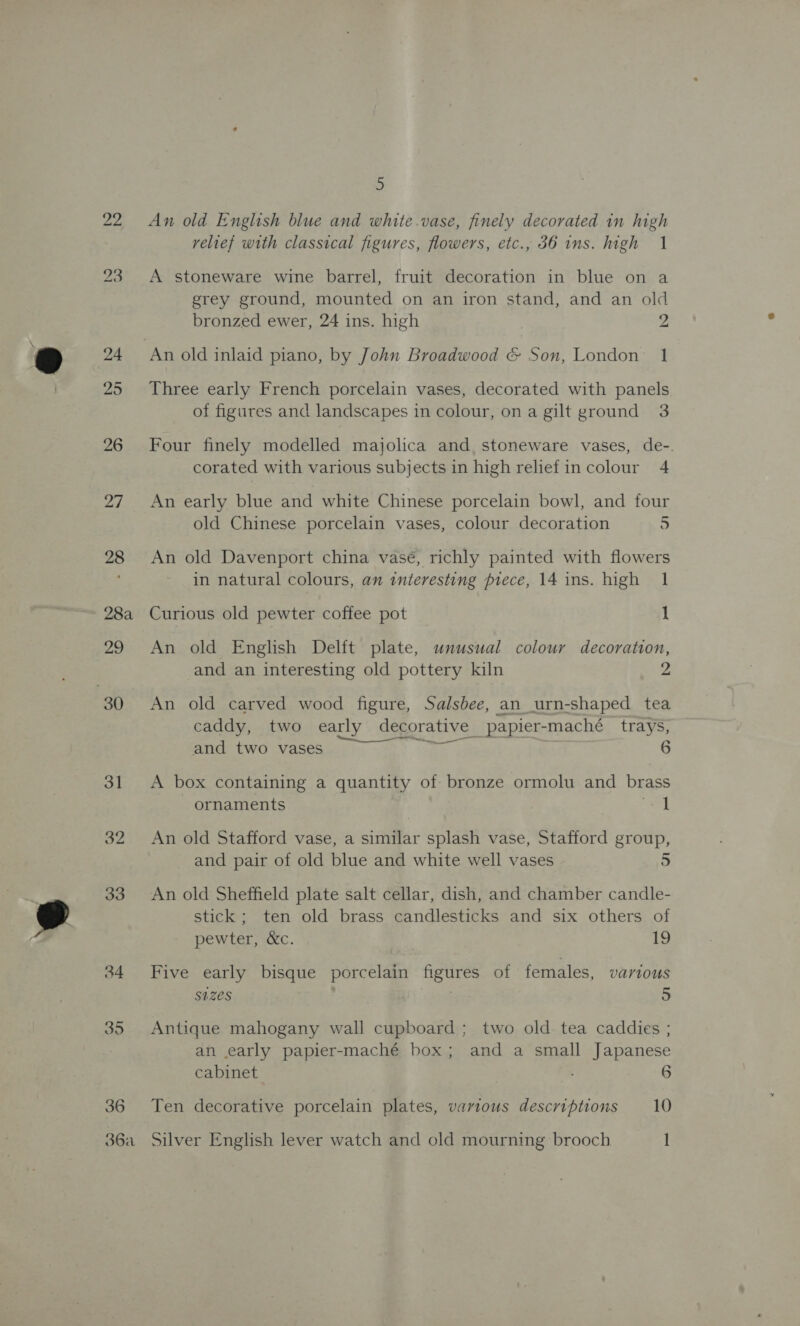 28a 36 36a 5 An old English blue and white.vase, finely decorated in high relief with classical figures, flowers, etc., 36 ins. high 1 A stoneware wine barrel, fruit decoration in blue on a grey ground, mounted on an iron stand, and an old bronzed ewer, 24 ins. high 2 An old inlaid piano, by John Broadwood &amp; Son, London 1 Three early French porcelain vases, decorated with panels of figures and landscapes in colour, on a gilt ground 3 Four finely modelled majolica and stoneware vases, de-. corated with various subjects in high reliefin colour 4 An early blue and white Chinese porcelain bowl, and four old Chinese porcelain vases, colour decoration r) An old Davenport china vasé, richly painted with flowers in natural colours, an interesting piece, 14 ins. high 1 Curious old pewter coffee pot 1 An old Englsh Delft plate, wnusual colour decoration, and an interesting old pottery kiln 2 An old carved wood figure, Salsbee, an_urn-shaped tea caddy, two early decorative papier-maché trays, Sid two Neseanicis vos | 6 A box containing a quantity of bronze ormolu and brass ornaments ood An old Stafford vase, a similar splash vase, Stafford group, and pair of old blue and white well vases 5 An old Sheffield plate salt cellar, dish, and chamber candle- stick; ten old brass candlesticks and six others of pewter, &amp;c. 19 Five early bisque porcelain figures of females, various sizes 5 Antique mahogany wall cupboard ; two old tea caddies ; an early papier-maché box; and a small Japanese cabinet 6 Ten decorative porcelain plates, various descriptions 10
