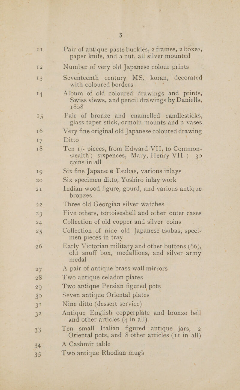 If C2 a) 14 16 17 18 27 28 29 30 a8 32 33 34 35 3 Pair of antique paste buckles, 2 frames, 2 boxes, paper knife, and a nut, all silver mounted Number of very old Japanese colour prints Seventeenth century MS. koran, decorated with coloured borders Album of old coloured drawings and prints, Swiss views, and pencil drawings by Daniells, 1808 Pair of bronze and enamelled candlesticks, glass taper stick, ormolu mounts and 2 vases Very fine original old Japanese coloured drawing Ten 1/- pieces, from Edward VII, to Common- wealth ; ey ae Mary, Jieury Vil. 3 36 coins in all ay, Six fine Japanece Tsubas, various inlays Six specimen ditto, Yoshiro inlay work Indian wood figure, gourd, and various antique bronzes ‘Three old Georgian silver watches Five others, tortoiseshell and other outer cases Collection of old copper and silver coins Collection of nine old Japanese tsubas, speci- men pieces in tray Early Victorian military and other buttons (66), old snuff box, ele and silver army medal A pair of antique brass wall mirrors Two antique celadon plates Two antique Persian figured pots Seven antique Oriental plates Nine ditto (dessert service) Antique English copperplate and bronze bell and other articles (4 in all) Ten small Italian figured antique jars, 2 Oriental pots, and 8 other articles (11 in all) A Cashmir table Two antique Rhodian mugs