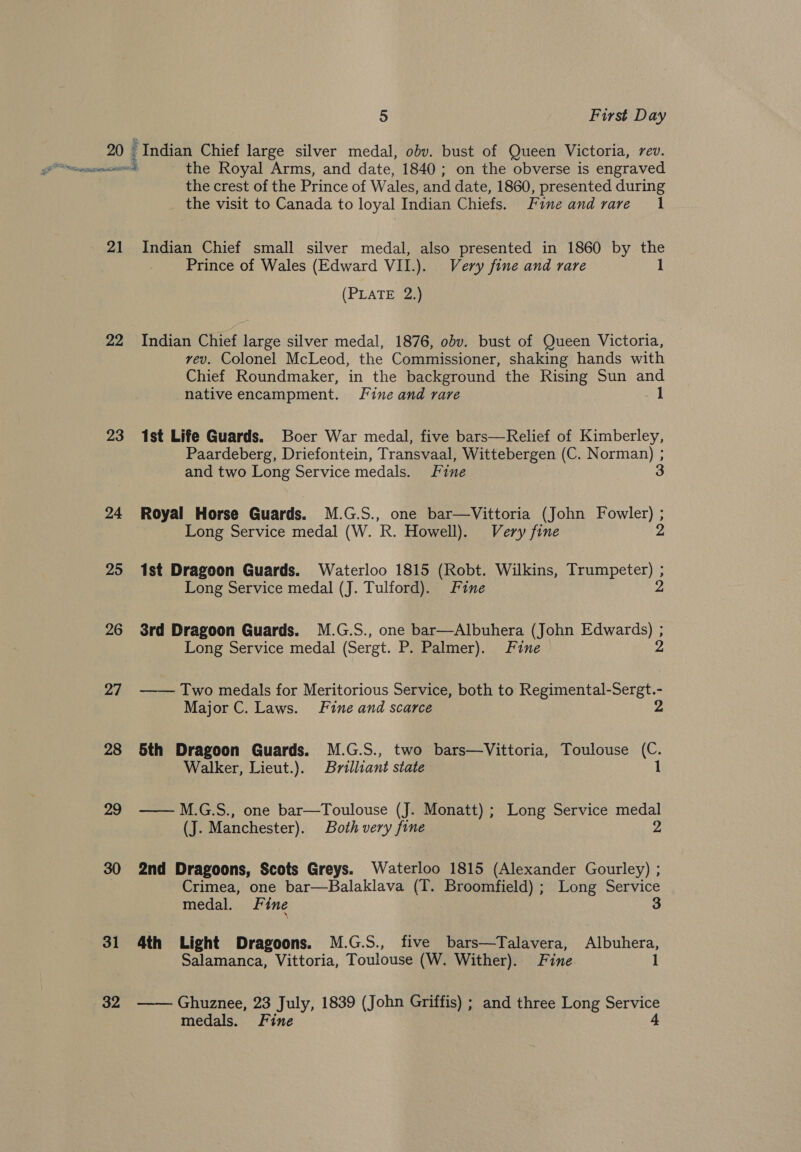 -— 21 22 23 24 25 26 27 28 29 30 31 32 5 First Day Indian Chief large silver medal, obv. bust of Queen Victoria, rev. the Royal Arms, and date, 1840; on the obverse is engraved the crest of the Prince of Wales, and date, 1860, presented during the visit to Canada to loyal Indian Chiefs. Fine and rare 1 Indian Chief small silver medal, also presented in 1860 by i Prince of Wales (Edward VII.). Very fine and rare (PLATE 2.) Indian Chief large silver medal, 1876, obv. bust of Queen Victoria, vev. Colonel McLeod, the Commissioner, shaking hands with Chief Roundmaker, in the background the Rising Sun and native encampment. fine and rare a! 1st Life Guards. Boer War medal, five bars—Relief of Kimberley, Paardeberg, Driefontein, Transvaal, Wittebergen (C. Norman) ; and two Long Service medals. fine 3 Royal Horse Guards. M.G.S., one bar—Vittoria (John Fowler) ; Long Service medal (W. R. Howell). Very fine 2 1st Dragoon Guards. Waterloo 1815 (Robt. Wilkins, Trumpeter) ; Long Service medal (J. Tulford). Fine 2 3rd Dragoon Guards. M.G.S., one bar—Albuhera (John Edwards) ; Long Service medal (Sergt. P. Palmer). Fine vs —— Two medals for Meritorious Service, both to Regimental-Sergt.- Major C. Laws. Fine and scarce 2 5th Dragoon Guards. M.G.S., two bars—Vittoria, Toulouse (C. Walker, Lieut.). Brilliant state 1 ——M.G.S., one bar—Toulouse (J. Monatt); Long Service medal (J. Manchester). Both very fine 2 2nd Dragoons, Scots Greys. Waterloo 1815 (Alexander Gourley) ; Crimea, one bar—Balaklava (T. Broomfield) ; Long Service 3 medal. F ine 4th Light Dragoons. M.G.S., five bars—Talavera, Albuhera, Salamanca, Vittoria, Toulouse (W. Wither). Fine 1 —— Ghuznee, 23 July, 1839 (John Griffis) ; and three Long Service