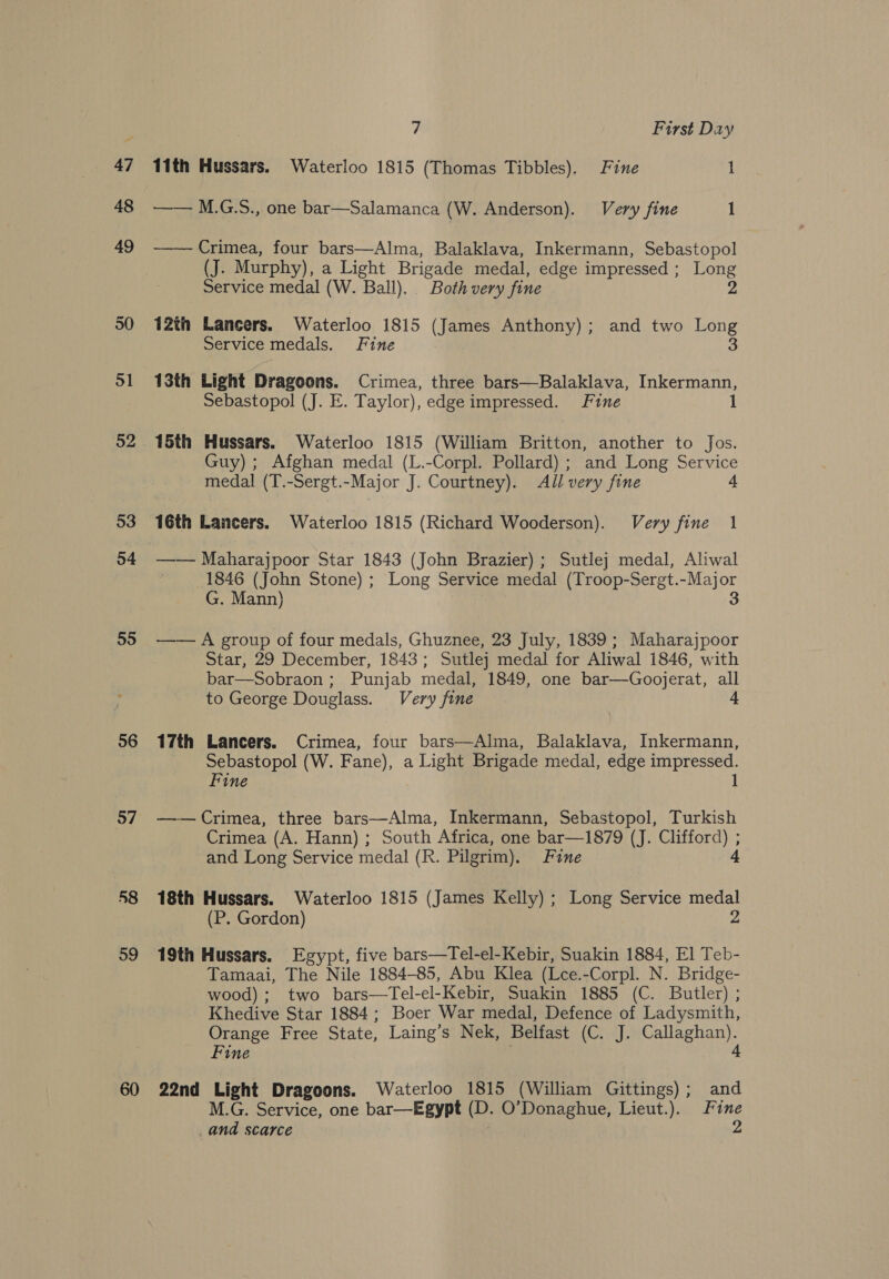 47 48 49 50 51 53 54 55 56 57 48 59 60 7 First Day 11th Hussars. Waterloo 1815 (Thomas Tibbles). Fine 1 —— M.G.5., one bar—Salamanca (W. Anderson). Very fine j —— Crimea, four bars—Alma, Balaklava, Inkermann, Sebastopol (J. Murphy), a Light Brigade medal, edge impressed ; Long Service medal (W. Ball). Both very fine 2 12th Lancers. Waterloo 1815 (James Anthony); and two Long Service medals. Fine 3 13th Light Dragoons. Crimea, three bars—Balaklava, Inkermann, Sebastopol (J. E. Taylor), edge impressed. Fine 15th Hussars. Waterloo 1815 (William Britton, another to Jos. Guy); Afghan medal (L.-Corpl. Pollard); and Long Service medal (T.-Sergt.-Major J. Courtney). All very fine 4 16th Lancers. Waterloo 1815 (Richard Wooderson). Very fine 1 —— Maharajpoor Star 1843 (John Brazier) ; Sutlej medal, Aliwal 1846 (John Stone) ; Long Service medal (Troop-Sergt.-Major G. Mann) 3 —— A group of four medals, Ghuznee, 23 July, 1839; Maharajpoor Star, 29 December, 1843; Sutlej medal for Aliwal 1846, with bar—Sobraon; Punjab medal, 1849, one bar—Goojerat, all to George Douglass. Very fine 17th Lancers. Crimea, four bars—Alma, Balaklava, Inkermann, Sebastopol (W. Fane), a Light Brigade medal, edge impressed. Fine 1 —— Crimea, three bars—Alma, Inkermann, Sebastopol, Turkish Crimea (A. Hann) ; South Africa, one bar—1879 (J. Clifford) ; and Long Service medal (R. Pilgrim), Fine 4 18th Hussars. Waterloo 1815 (James Kelly) ; Long Service medal (P. Gordon) 2 19th Hussars. Egypt, five bars—Tel-el-Kebir, Suakin 1884, El Teb- Tamaai, The Nile 1884-85, Abu Klea (Lce.-Corpl. N. Bridge- wood); two bars—Tel-el-Kebir, Suakin 1885 (C. Butler) ; Khedive Star 1884; Boer War medal, Defence of Ladysmith, Orange Free State, Laing’s Nek, Belfast (C. J. Callaghan). Fine a 22nd Light Dragoons. Waterloo 1815 (William Gittings); and M.G. Service, one bar—Egypt (D. O’Donaghue, Lieut.). Fine