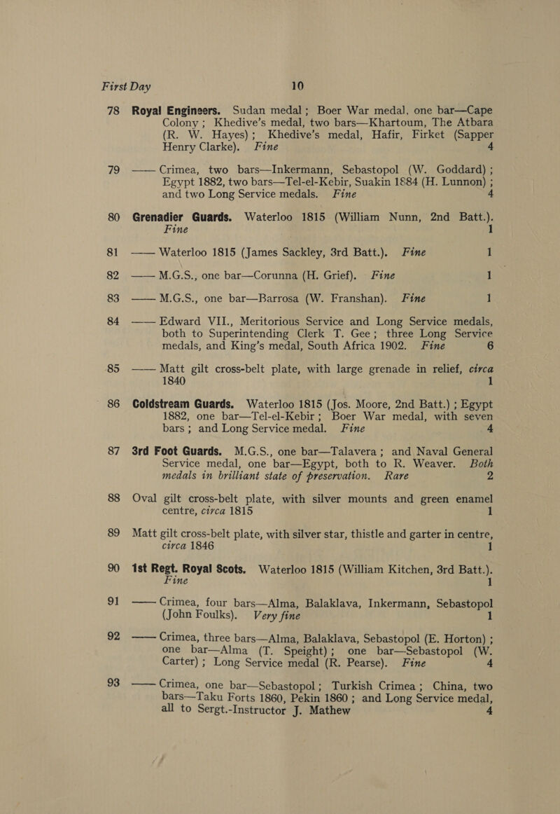 78 79 80 81 82 83 84 85 — 86 87 92 93 Roya! Engineers. Sudan medal; Boer War medal, one bar—Cape Colony ; Khedive’s medal, two bars—Khartoum, The Atbara (R. W. Hayes); Khedive’s medal, Hafir, Firket (Sapper Henry Clarke). Fine 4 —— Crimea, two bars—Inkermann, Sebastopol (W. Goddard) ; Egypt 1882, two bars—Tel-el-Kebir, Suakin 1884 (H. Lunnon) ; and two Long Service medals. Fine 4 Grenadier Guards. Waterloo 1815 (William Nunn, 2nd Batt.). 1 Fine | —— Waterloo 1815 (James Sackley, 3rd Batt.). Fine 1 —— M.G.S., one bar—Corunna (H. Grief), Fine 1 —— M.G.S., one bar—Barrosa (W. Franshan). Fine ] —— Edward VII., Meritorious Service and Long Service medals, both to Superintending Clerk T. Gee; three Long Service medals, and King’s medal, South Africa 1902. Fine —— Matt gilt cross-belt plate, with large grenade in relief, circa 1840 1 Coldstream Guards. Waterloo 1815 (Jos. Moore, 2nd Batt.) ; Egypt 1882, one bar—tTel-el-Kebir; Boer War medal, with seven bars ; and Long Service medal. Fine 4 3rd Foot Guards. M.G.S., one bar—Talavera; and Naval General Service medal, one bar—Egypt, both to R. Weaver. Both medals in brilliant state of preservation. Rare 2 Oval gilt cross-belt plate, with silver mounts and green enamel centre, civca 1815 Matt gilt cross-belt plate, with silver star, thistle and garter in centre, circa 1846 1st hy Ae Royal Scots. Waterloo 1815 (William Kitchen, 3rd Batt.). ine 1  Crimea, four bars—Alma, Balaklava, Inkermann, Sebastopol (John Foulks). Very fine  Crimea, three bars—Alma, Balaklava, Sebastopol (E. Horton) ; one bar—Alma (T. Speight); one bar—Sebastopol (W. Carter) ; Long Service medal (R. Pearse). Fine 4  Crimea, one bar—Sebastopol; Turkish Crimea; China, two bars—Taku Forts 1860, Pekin 1860; and Long Service medal, all to Sergt.-Instructor J. Mathew 4