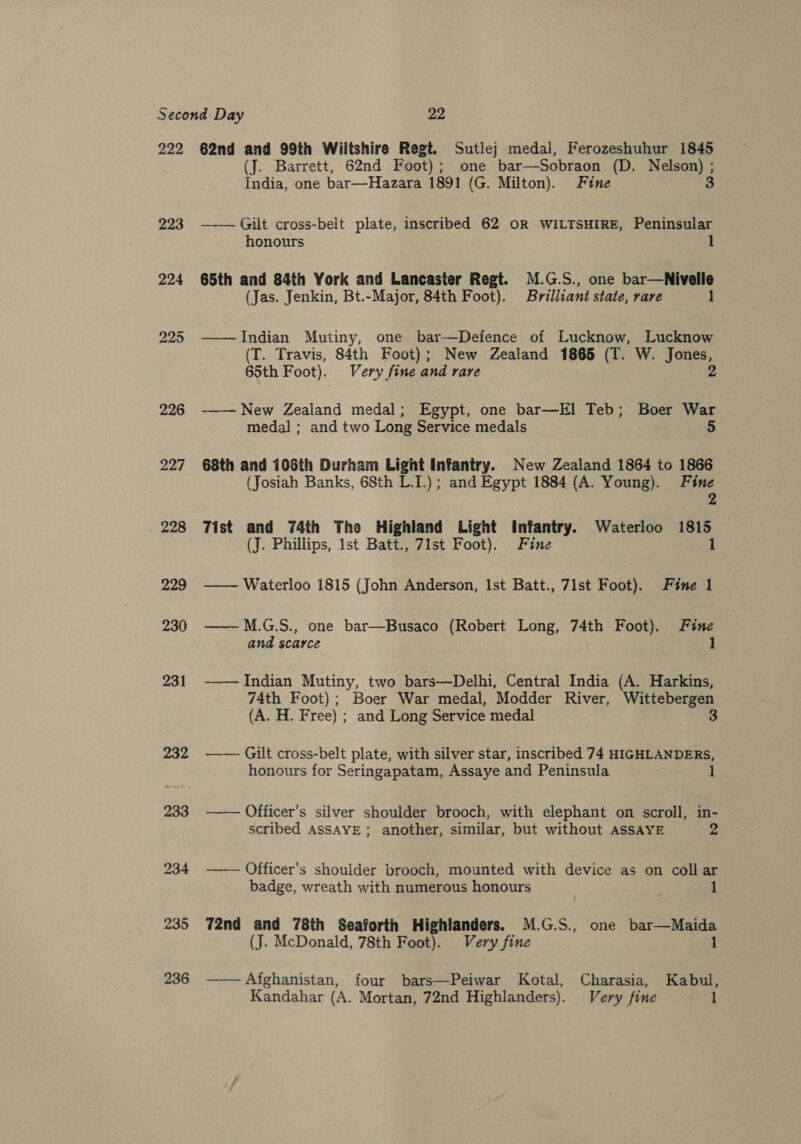 222 223 224 62nd and 99th Wiltshire Regt. Sutlej medal, Ferozeshuhur 1845 (J. Barrett, 62nd Foot); one bar—Sobraon (D. Nelson) ; India, one bar—Hazara 1891 (G. Milton). Fine 3 —-— Gilt cross-belt plate, inscribed 62 OR WILTSHIRE, Peninsular honours 1 65th and 84th York and Lancaster Regt. M.G.S., one bar—Nivelle (Jas. Jenkin, Bt.-Major, 84th Foot). Brilliant state, rare 1 ——Indian Mutiny, one bar—Defence of Lucknow, Lucknow (T. Travis, 84th Foot); New Zealand 1865 (T. W. Jones, 65th Foot). Very fine and rare 2 —— New Zealand medal; Egypt, one bar—El Teb; Boer War medal ; and two Long Service medals 5 68th and 106th Durham Light Infantry. New Zealand 1864 to 1866 (Josiah Banks, 68th L.I.); and Egypt 1884 (A. Young). Fine 2 Tist and 74th The Highland Light Infantry. Waterloo mos , (J. Phillips, lst Batt., 71st Foot). Fine —— Waterloo 1815 (John Anderson, Ist Batt., 7ist Foot). Fine 1 ——M.G.S., one bar—Busaco (Robert Long, 74th Foot). Fine and scarce 1 —_— Indian Mutiny, two bars—Delhi, Central India (A. Harkins, 74th Foot); Boer War medal, Modder River, Wittebergen (A. H. Free) ; and Long Service medal 3 —— Gilt cross-belt plate, with silver star, inscribed 74 HIGHLANDERS, honours for Seringapatam, Assaye and Peninsula —— Officer’s silver shoulder brooch, with elephant on scroll, in- scribed ASSAYE; another, similar, but without ASSAYE 2 —-— Officer’s shoulder brooch, mounted with device as on collar badge, wreath with numerous honours | 1 72nd and 78th Seaforth Highlanders. M.G.S., one bar—Maida (J. McDonald, 78th Foot). Very fine 1 —— Afghanistan, four bars—Peiwar Kotal, Charasia, Kabul, Kandahar (A. Mortan, 72nd Highlanders). Very fine 1