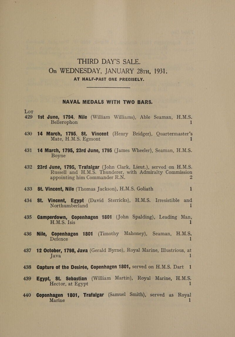 Lot 429 430 431 432 433 434 435 436 437 438 439 440 _ THIRD DAY’S SALE. On WEDNESDAY, JANUARY 281, 1931. AT HALF-PAST ONE PRECISELY. NAVAL MEDALS WITH TWO BARS. 1st June, 1784, Nile (William Williams), Able Seaman, H.M.S. Bellerophon 1 14 March, 1795, St. Vincent (Henry Bridger), Quartermaster’s Mate, H.M.S. Egmont 1 14 March, 1795, 23rd June, 1795 (James Wheeler), Seaman, H.M.S. Boyne 23rd June, 1795, Trafaigar (John Clark, Lieut.), served on H.M.S. Russell and H.M.S. Thunderer, with Admiralty Commission appointing him Commander R.N. z St. Vincent, Nile (Thomas Jackson), H.M.S. Goliath i St. Vincent, Egypt (David Sterricks), H.M.S. Irresistible and Northumberland i Camperdown, Copenhagen 1801 (John Spalding), Leading Man, H.M.S. Isis 1 Nile, Copenhagen 1801 (Timothy Mahoney), Seaman, H.M.S. Defence I 12 October, 1798, Java (Gerald Byrne), Royal Marine, Illustrious, at Java 1 Capture of the Desirée, Copenhagen 1801, served on H.M.S. Dart 1 Egypt, St. Sebastian (William Martin), Royal Marine, H.M.S. Hector, at Egypt | 1 Copenhagen 1801, Trafalgar (Samuel Smith), served as Royal