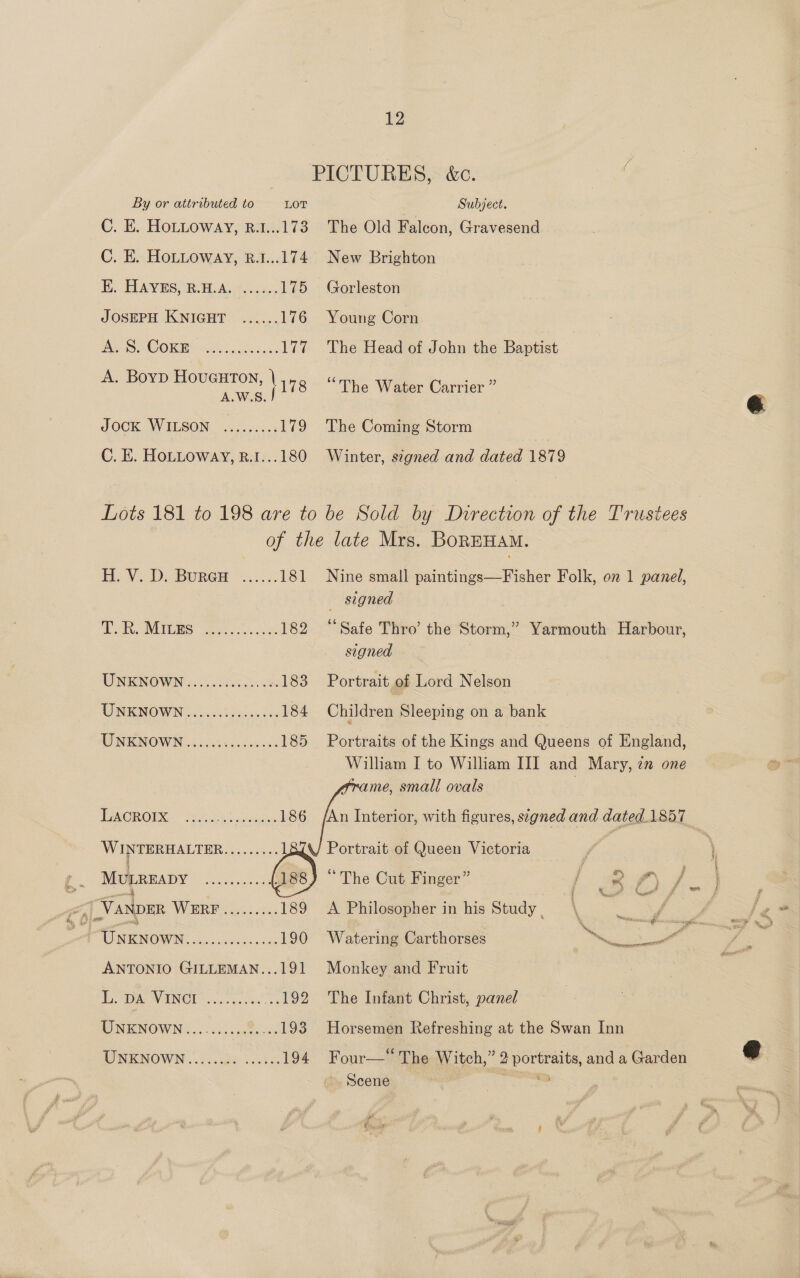 PICTURES, &amp;c. By or attributed to LOT Subject. C. E. HoLttoway, B.1...173 The Old Falcon, Gravesend C. E. HoLttoway, B.1...174 New Brighton E. HAYES, R.H.A. ......175 Gorleston JOSEPH KNIGHT ...... 176 Young Corn War) CORR tikes aeivats 177 The Head of John the Baptist A. Boyp eae 178 “The Water Carrier ” Jock Witson ~......; 179 The Coming Storm C. E. HOLLOWAY, R.1...180 Winter, signed and dated 1879 Lots 181 to 198 are to be Sold by Direction of the Trustees of the late Mrs. BorEHAM. H. V. D. BURGH ~.....: 181 Nine small paintings—Fisher Folk, on 1 panel, signed TOR, MIGES est. oe 182 “Safe Thro’ the Storm,” Yarmouth Harbour, signed 3 UNKNOWN &lt;:) 5 chen ces 183 Portrait of Lord Nelson TINRNOWN 5... iseh. ees 184 Children Sleeping on a bank WO NEKNOWN .0...4s00008 045 185 Portraits of the Kings and Queens of England, William I to William III and Mary, 7m one ame, smalt ovals ACTOS, 28a acen 186 /An Interior, with figures, segned and dated.1857 WINTERHALTER PN eee L2ZvV/ Portrait of Queen Victoria : a MULREADY Mere aaRN are: lon) “The Cut Finger” / : “ i’) / J i + Vanper WW MRR 4 oct. 189 A Philosopher in his Study , Sx: “ | | ge Unknown Rea Nee kg 190 Watering Carthorses ee ae if ANTONIO GILLEMAN...191 Monkey and Fruit L. PANEL... 3.25. ..192 The Infant Christ, panel UNENOWN..........5. ...193 Horsemen Refreshing at the Swan Inn UNKNOWN...... Ry See 194 Four—* The Witch,” 2 portraits, and a Garden Scene ios Fe Coen , : i @  