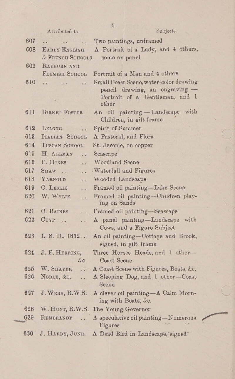 607 608 609 610 611 612 O13 614 615 616 617 618 619 620 621 622 623 624 625 626 627 628 §29 630 Attributed to EARLY ENGLtsH &amp; FRENCH SCHOOLS RAEBURN AND Subjects. Two paintings, unframed A Portrait of a Lady, and 4 others, some on panel BrirKET Foster LELONG ITALIAN SCHOOL Tuscan SCHOOL H. ALLMAN F. HINES SHAW YARNOLD C. LESLIE W. WYLIE C. BAINES Cuyp LYS DEs1832 4 J. F. HERRING, XC, W. SHAYER Nose, &amp;c. J. WEBB, R.WS. W. Hunt, R.W.S. REMBRANDT J. Harpy, Junr. Small Coast Scene, water-color drawing pencil drawing, an engraving — Portrait of a Gentleman, and 1 other An oil painting — Landscape with Children, in gilt frame Spirit of Summer A Pastoral, and Flora St. Jerome, on copper Seascape Woodland Scene Wooded Landscape Framed oil painting—Lake Scene Framed oil painting—Children play- ing on Sands Framed oil painting—Seascape A panel painting—Landscape with Cows, and a Figure Subject An oil painting—Cottage and Brook, signed, in gilt frame Three Horses Heads, and | other— Coast Scene A Coast Scene with Figures, Boats, &amp;c. A Sleeping Dog, and 1 other—Coast Scene A clever oil painting—A Calm Morn- ing with Boats, Xe. The Young Governor A speculative oil painting — Numerous Figures : “ A Dead Bird in Landscapé, signed’