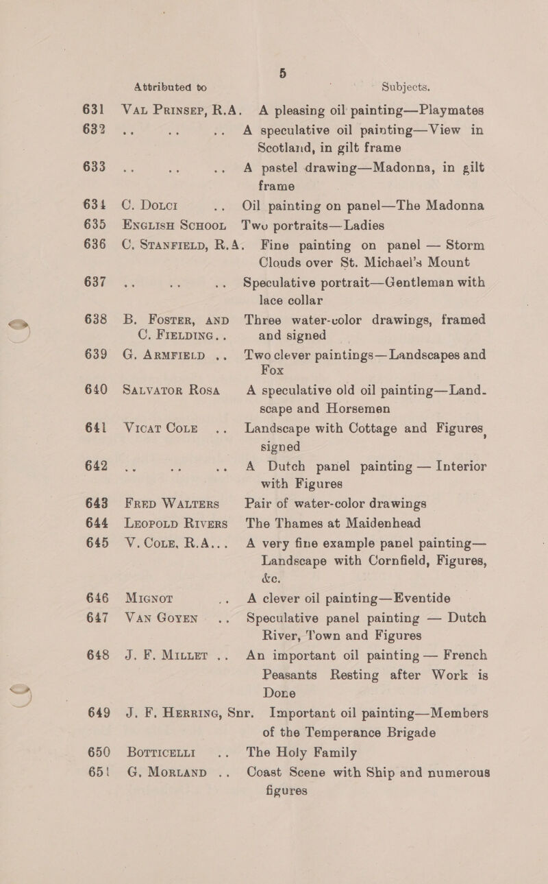 631 632 633 634 635 636 637 638 639 640 641 642 643 644 645 646 647 648 649 650 65i Attributed to ; ~ Subjects. Vatu Prinsep, R.A. A pleasing oil painting—Playmates A speculative oil painting—View in Scotland, in gilt frame A pastel drawing—Madonna, in gilt frame C. Douci .. Oil painting on panel—The Madonna EncuisH ScHoot Two portraits— Ladies C. StanFieLp, R.A. Fine painting on panel — Storm Clouds over St. Michael’s Mount Speculative portrait—Gentleman with lace collar B. Foster, anD Three water-volor drawings, framed C. FIELDING. . and signed G. ARMFIELD ,. Twoclever paintings— Landscapes and Fox Satvator Rosa A speculative old oil painting—Land- scape and Horsemen Vicat Cote .. Landscape with Cottage and Figures, signed A Dutch panel painting — Interior with Figures FreD WALTERS Pair of water-color drawings Leopotp Rivers The Thames at Maidenhead V.Cote, R.A... A very fine example panel painting— Landscape with Cornfield, Figures, Xe, MiGnNor .. A clever oil painting—Eventide — VAN GoveN .. Speculative panel painting — Dutch River, Town and Figures J. F. Minuet .. An important oil painting — French Peasants Resting after Work is Done J. F. Herrine, Snr. Important oil painting—Members of the Temperance Brigade Botticettt .. The Holy Family G. Mortanp .. Coast Scene with Ship and numerous figures