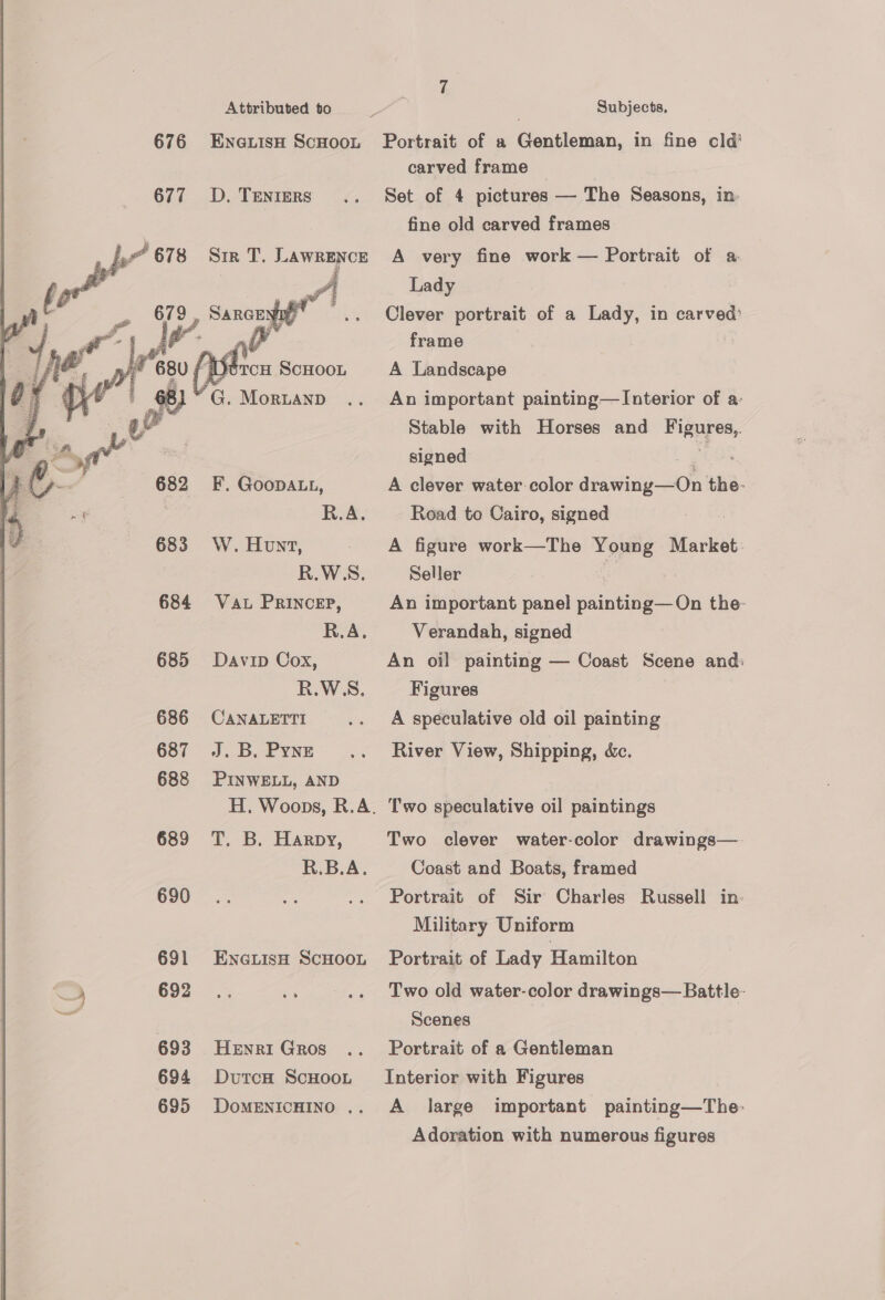 73  Attributed to Subjects, 677 678 682 683 684 685 686 687 688 689 690 691 692 693 694 695 D, TENIERS Sir T. LAWRENCE 4  F. GooDALL, R.A. W. Hunt, R.W.S. Vat PRINCEP, R.A. Davip Cox, R.WSS, CANALETTI J.B. Pyne PINWELL, AND T. B. Harpy, R.B.A. ENGLISH SCHOOL o 6 HeEwri Gros DutcH ScHOOL DoOMENICHINO .. carved frame | Set of 4 pictures — The Seasons, in: fine old carved frames A very fine work — Portrait of a. Lady Clever portrait of a Lady, in carved: frame A Landscape An important painting—TInterior of a: Stable with Horses and Higures,: signed A clever water color drawing—On the. Road to Cairo, signed A figure work—The Young Market. Seller An important panel painting—On the- Verandah, signed An oil painting — Coast Scene and: Figures A speculative old oil painting River View, Shipping, dc. Two speculative oil paintings Two clever water-color drawings—. Coast and Boats, framed Portrait of Sir Charles Russell in: Military Uniform Portrait of Lady Hamilton Two old water-color drawings— Battle- Scenes Portrait of a Gentleman Interior with Figures A large important painting—The- Adoration with numerous figures