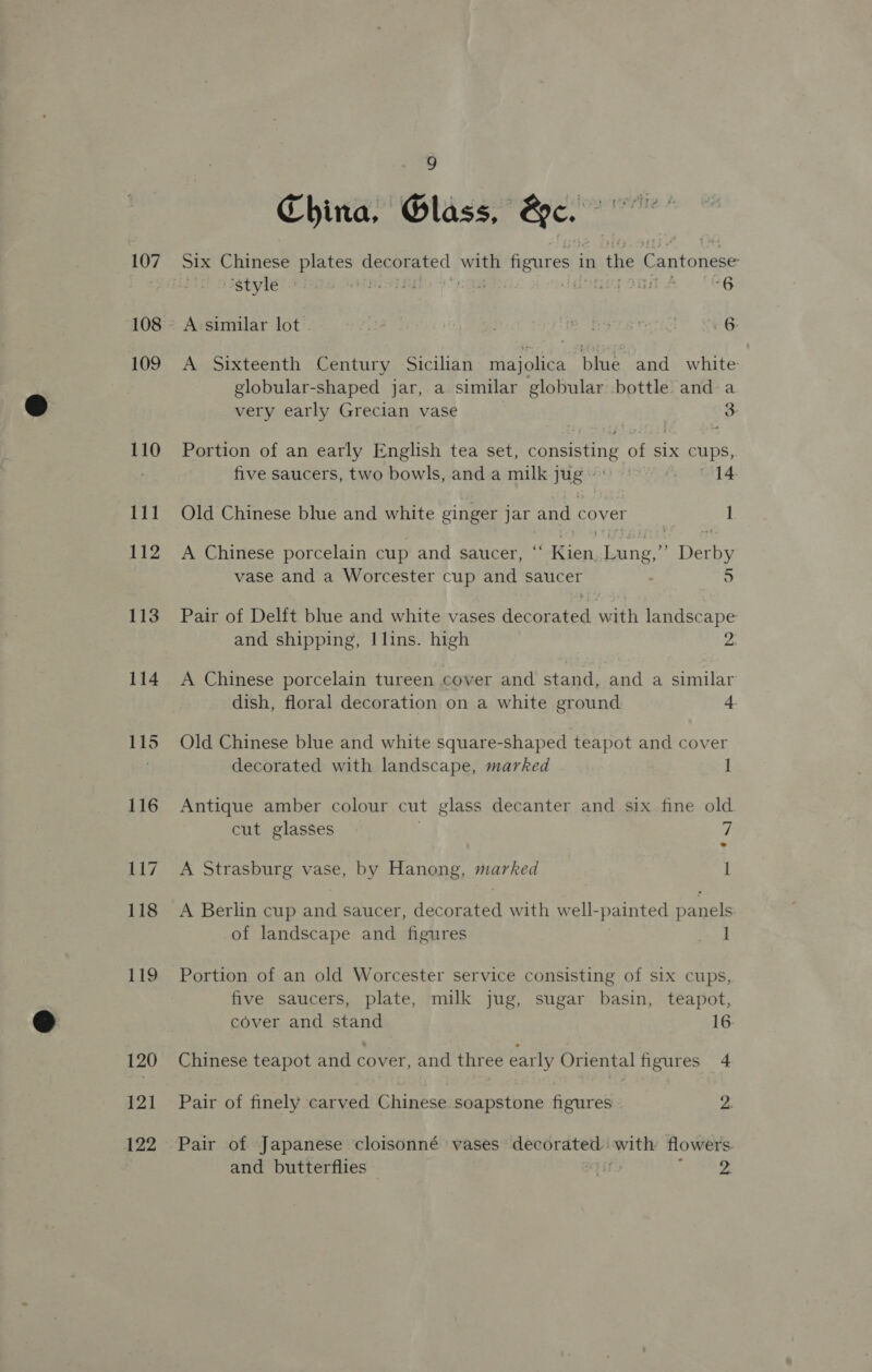 108 109 110 111 112 113 114 115 121 122 9 China, Glass, &amp;c. — A similar lot 4 p hare. 6: A Sixteenth Century Sicilian majolica blue and white globular-shaped jar, a similar globular bottle and a very early Grecian vase 3: Portion of an early English tea set, consisting of six cups, five saucers, two bowls, and a milk jug Bs f&amp; 0514 Old Chinese blue and white ginger jar and cover 1 A Chinese porcelain cup and saucer, “ Ee nee Derby vase and a Worcester cup and saucer 5 Pair of Delft blue and white vases decorated with landscape and shipping, Ilins. high 2. A Chinese porcelain tureen cover and stand, and a similar dish, floral decoration on a white ground 4 Old Chinese blue and white square-shaped teapot and cover decorated with landscape, marked 1 Antique amber colour cut glass decanter and six fine old. cut glasses 7 A Strasburg vase, by Hanong, marked A Berlin cup and saucer, decorated with well-painted panels of landscape and figures 1 Portion of an old Worcester service consisting of six cups, five saucers, plate, milk jug, sugar basin, teapot, cover and stand 16 Chinese teapot and cover, and three early Oriental figures 4 Pair of finely carved Chinese soapstone figures 2. Pair of Japanese cloisonné vases’ decorated: with flowers. and butterflies ; 2.