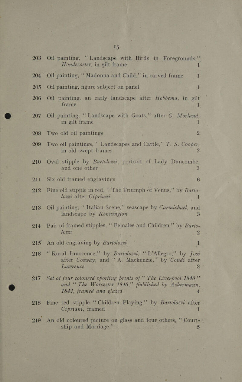 203 205 206 207 208 209 210 211 212 213 214 215 216 217 218 +) Oil painting, “Landscape with Birds in Foregrounds,’’ Hondecoeter, in gilt frame 1 Oil painting, “‘ Madonna and Child,” in carved frame — 11. Oil painting, figure subject on panel | 1 Oil painting, an early landscape after Hobbema, in gilt frame 1 Oil painting, ‘Landscape with Goats,’ after G. Morland, in gilt frame 1 Two old oil paintings 2 Two oil paintings, ‘‘ Landscapes and Cattle,’ T. S. Cooper, in old swept frames 2 Oval stipple by Bartolozz, portrait of Lady Duncombe, and one other 3 Six old framed engravings 6 Fine old stipple in red, ‘““ The Triumph of Venus,” by Barto- lozzt after Cipriant I Oil painting, “Italian Scene,’’ seascape by Carmichael, and landscape by Kennington 3 Pair of framed stipples, “‘ Females and Children,’ by Barto- hogeense* . 92 An old engraving by Bartolozz 1 “Rural Innocence,” by Bartolozz, “‘ L’Allegro,” by Joss after Cosway, and ‘“‘ A. Mackenzie,’’ by Condi after Lawrence 3 Set of four coloured sporting prints of “‘ The Liverpool 1840,” and “‘ The Worcester 1540,” published by Ackermann, 1842, framed and glazed 4 Fine red stipple “Children Playing,” by Bartolozz after Cipriani, framed J An old coloured picture on glass and four others, “ Court-