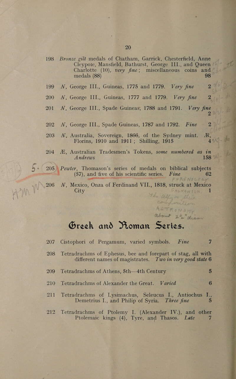 198 199 200 201 202 203 204 206 20 Bronze gilt medals of Chatham, Garrick, Chesterfield, Anne Cleypole, Mansfield, Bathurst, George III., and Queen © ae Charlotte (10), very fine; miscellaneous coins and ~ ' medals (88) 98 A’, George III., Guineas, 1775 and 1779. Very fine 2 A’, George III., Guineas, 1777 and 177.) ery 2 A, George III., Spade Guineas, 1788 and 1791. Very fine 4 j A, George III., Spade Guineas, 1787 and 1792. Fine 2 AN, Australia, Sovereign, 1866, of the Sydney mint. RM, . j Florins, 1910 and 1911; Shilling, 1915 . 44] - a AE, Australian Tradesmen’s Tokens, some numbered as 1n : di : Andrews 158 — . _ Pewter, Thomason’s series of medals on biblical subjects : (57), and five of his scientific series. fine SOTERA ELS IES * P ib}  N, Mexico, Onza of Ferdinand VII., 1818, arte at Mexico City 1 2 ae on ates Greek and Moman Series. 4 Adm gi, * ‘ 7 - Cistophori of Pergamum, varied symbols. fine Z Tetradrachms of Ephesus, bee and forepart of stag, all with different names of magistrates. Two in very good state 6  Tetradrachms of Athens, 5th—4th Century 5 Tetradrachms of Alexander the Great. Varied 6 Tetradrachms of Lysimachus, Seleucus I., Antiochus I., Demetrius I., and Philip of Syria. Three fine Tetradrachms of Ptolemy I. (Alexander IV.), and other Ptolemaic kings (4), Tyre, and Thasos. Late 7 