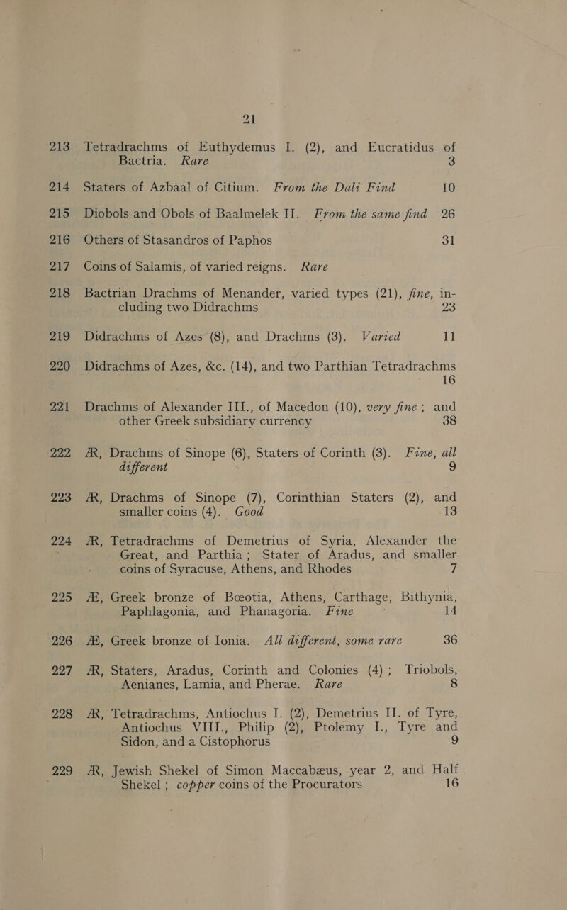 213 214 215 216 217 218 219 220 221 222 223 224 225 226 227 228 229 21 Tetradrachms of Euthydemus I. (2), and Eucratidus of Bactria. Rare 3 Staters of Azbaal of Citium. From the Dali Find 10 Diobols and Obols of Baalmelek IT. From the same find 26 Others of Stasandros of Paphos 3] Coins of Salamis, of varied reigns. Rare Bactrian Drachms of Menander, varied types (21), fie, in- cluding two Didrachms Didrachms of Azes (8), and Drachms (3). Varied 11 Didrachms of Azes, &amp;c. (14), and two Parthian Tetradrachms een LG Drachms of Alexander III., of Macedon (10), very fine; and other Greek subsidiary currency 38 /R,-Drachms of Sinope (6), Staters of Corinth (3). Fine, all different 9 /R, Drachms of Sinope (7), Corinthian Staters (2), and smaller coins (4). Good 13 /R, Tetradrachms of Demetrius of Syria, Alexander the Great, and Parthia; Stater of Aradus, and smaller coins of Syracuse, Athens, and Rhodes 7 ZE, Greek bronze of Bceotia, Athens, Carthage, Bithynia, Paphlagonia, and Phanagoria. fine : 14 #E, Greek bronze of Ionia. All different, some rare 36 AR, Staters, Aradus, Corinth and Colonies (4); Triobols, Aenianes, Lamia, and Pherae. Rare 8 AR, Tetradrachms, Antiochus I. (2), Demetrius II. of Tyre, Antiochus VIII., Philip (2), Ptolemy I., Tyre and Sidon, and a Cistophorus 9 AR, Jewish Shekel of Simon Maccabeus, year 2, and Halt Shekel ; copper coins of the Procurators 16