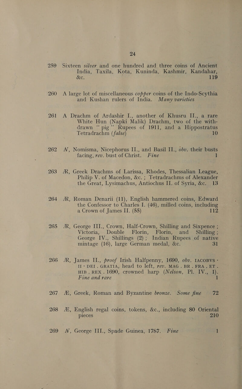 209 ‘260 261 263 264 265 266 267 268 269 24 Sixteen silvery and one hundred and three coins of Ancient India, Taxila, Kota; Kuninda, Kashmir, Kandahar? &amp;c. 119 A large lot of miscellaneous copper coins of the Indo-Scythia and Kushan rulers of India. Many varieties A Drachm of Ardashir I., another of Khusru II., a rare White Hun (Napki Malik) Drachm, two of the with- drawn “ pig’’ Rupees of 1911, and a Hippostratus Tetradrachm (false) 10 Nomisma, Nicephorus II., and Basil II., obv. their busts facing, vev. bust of Christ. Fine 1 “ /R, Greek Drachms of Larissa, Rhodes, Thessalian League, Philip V. of Macedon, &amp;c. ; Tetradrachms of Alexander the Great, Lysimachus, Antiochus II. of Syria, &amp;c. 13 Roman Denarii (11), English hammered coins, Edward the Confessor to Charles I. (46), milled coins, including a Crown of James IT. (55) 112 ~ ~ George III., Crown, Half-Crown, Shilling and Sixpence ; Victoria, Double Florin, Florin, and _ Shilling; George IV., Shillings (2); Indian Rupees of native mintage (16), large German medal, &amp;c. 31 ~~ James II., proof Irish Halfpenny, 1690, obv. IACOBVs - II - DEI. GRATIA, head to left, vev. MAG. BR.FRA.ET. HIB . REX . 1690, crowned harp (Nelson, Pl. IV., 1). Fine and rare 1 7E, Greek, Roman and Byzantine bronze. Some fine 72 - English regal coins, tokens, &amp;c., including 80 Oriental pieces 7 210 George III., Spade Guinea, 1787. Fine 1 “