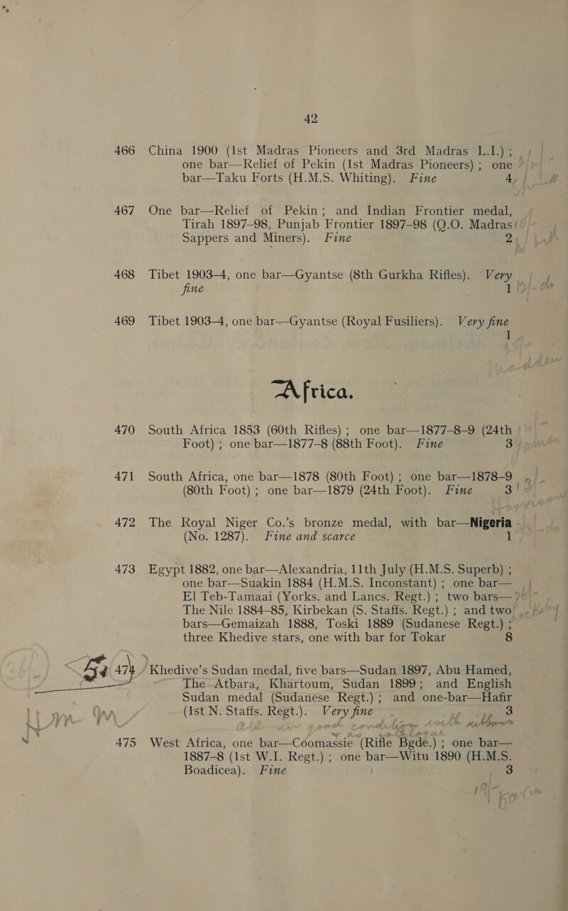 467 468 469 470 471 472 473 475 42 one bar—Relief of Pekin (1st Madras Pioneers) ; one bar—Taku Forts (H.M.S. Whiting). Fine 4,  One bar—Relief of Pekin; and Indian Frontier medal, Tirah 1897-98, Punjab Frontier 1897-98 (Q.0. Madras! Sappers and Miners). Line 2 Tibet 1903-4, one bar—Gyantse (8th Gurkha Rifles). Very fine 1 Tibet 1903-4, one bar—Gyantse (Royal Fusiliers). Very fine 1 “AN fica. South Africa 1853 (60th Rifles) ; one bar—1877-8-9 (24th Foot) ; one bar—1877-8 (88th Foot). Fine 3 South Africa, one bar—1878 (80th Foot) ; one bar—1878-9 (80th Foot) ; one bar—1879 (24th Foot). Fine 3 The Royal Niger Co.’s bronze medal, with bar—Nigeria (No. 1287).° Fane and scarce 1 Egypt 1882, one bar—Alexandria, 11th July (H.M.S. Superb) ; one bar—Suakin 1884 (H.M.S. Inconstant) ; one bar— El! Teb-Tamaai (Yorks. and Lancs. Regt.) ; two bars—‘ The Nile 1884-85, Kirbekan (S. Staffs. Regt.) ; and two: bars—Gemaizah 1888, Toski 1889 (Sudanese Regt.) ; three Khedive stars, one with bar for Tokar 8 The-Atbara, Khartoum, Sudan 1899; and English Sudan medal (Sudanese Regt.) ; and one-bar—Hafir (ist N. Staffs. Regt.). Very fine _ if ool rite es ~ wm Atow? West Africa, one bar—Coomassie (Rifle Bgde.) ; one bar— 1887-8 (Ist W.I. Regt.) ; one bar—Witu 1890 (H.M.S. Boadicea). Fine 3 pl :