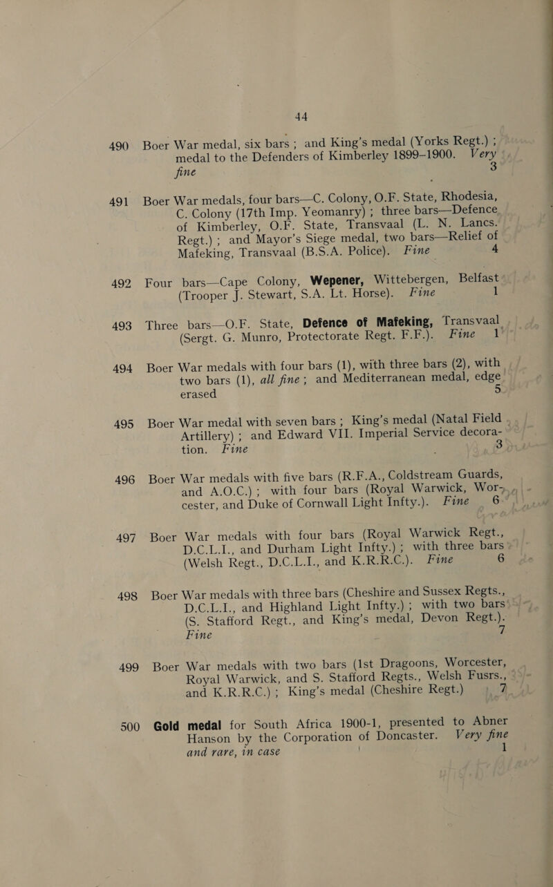 49() 492 493 494 495 496 497 498 499 500 44 Boer War medal, six bars - and King’s medal (Yorks Regt.) ; medal to the Defenders of Kimberley 1899-1900. Very fine 3 Boer War medals, four bars—C. Colony, O.F. State, Rhodesia, C. Colony (17th Imp. Yeomanry) ; three bars—Defence of Kimberley, O.F. State, Transvaal (L. N. Lancs. Regt.) ; and Mayor’s Siege medal, two bars—Relief of Mafeking, Transvaal (B.S.A. Police). Fine 4 Four bars—Cape Colony, Wepener, Wittebergen, Belfast (Trooper J. Stewart, S.A. Lt. Horse). Fine 1 Three bars—O.F. State, Defence of Mafeking, Transvaal (Sergt. G. Munro, Protectorate Regt. ELE). nine Boer War medals with four bars (1), with three bars (2), with two bars (1), all fine; and Mediterranean medal, edge erased 5 Boer War medal with seven bars ; King’s medal (Natal Field . Artillery) ; and Edward VII. Imperial Service decora- tion. Fine 3 Boer War medals with five bars (R.F.A., Coldstream Guards, and A.O.C.); with four bars (Royal Warwick, Wor-., cester, and Duke of Cornwall Light Infty.). Fane 6 Boer War medals with four bars (Royal Warwick Regt., D.C.L.I., and Durham Light Infty.) ; with three bars (Welsh Regt., D.C.L.L., and K.R.R.C.). Fane 6 Boer War medals with three bars (Cheshire and Sussex Regts., D.C.L.I., and Highland Light Infty.) ; with two bars’ (S. Stafford Regt., and King’s medal, Devon Regt.). Fine 7 Boer War medals with two bars (1st Dragoons, Worcester, Royal Warwick, and 5S. Stafford Regts., Welsh Fusrs., and K.R.R.C.); King’s medal (Cheshire Regt.) | 2 Gold medal for South Africa 1900-1, presented to Abner Hanson by the Corporation of Doncaster. Very fine and rare, n case 1