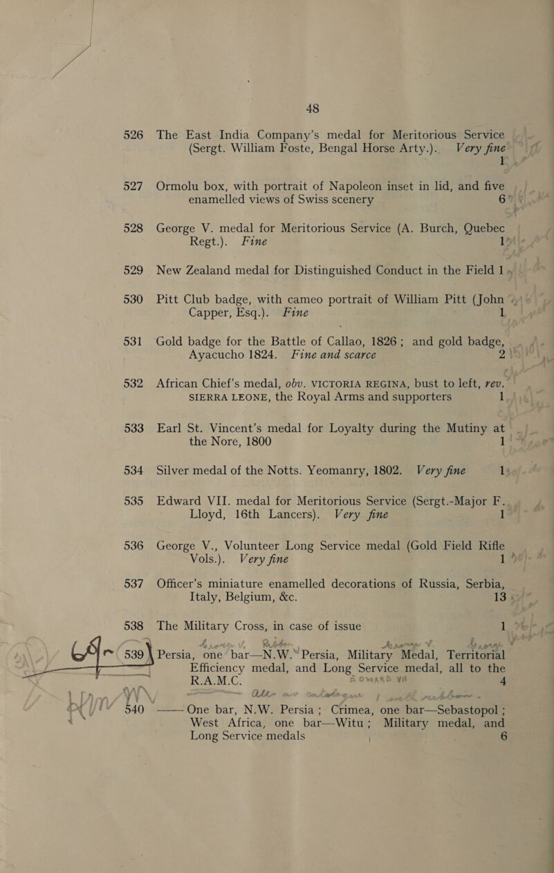 926 927 528 929 530 531 532  48 The East India Company’s medal for Meritorious Service (Sergt. William Foste, Bengal Horse Arty.). Very fine 7 I Ormolu box, with portrait of Napoleon inset in hd, and five George V. medal for Meritorious Service (A. Burch, Quebec Kept.). fine 1 New Zealand medal for Distinguished Conduct in the Field 1» Pitt Club badge, with cameo portrait of William Pitt (John é Capper, Esq.). Fine 1 Ayacucho 1824. Fine and scarce African Chief’s medal, obv. VICTORIA REGINA, bust to left, rev. SIERRA LEONE, the Royal Arms and supporters 1 Earl St. Vincent’s medal for Loyalty during the Mutiny at the Nore, 1800 1 Silver medal of the Notts. Yeomanry, 1802. Very fine ly Edward VII. medal for Meritorious Service (Sergt.-Major me : Lloyd, 16th Lancers). Very fine George V., Volunteer Long Service medal (Gold Field Rifle Vols.). Very fine 1% Officer’s miniature enamelled decorations of Russia, Serbia, Italy, Belgium, &amp;c. 13» Efficiency medal, and Long ca medal, all to the RAUM-C. Ieee. fee 4 DAL o BAS-G oak , ores —— One bar, N.W. Persia ; Chimes one bar-—_Sebastanete West Africa, one bar—Witu : Military medal, and