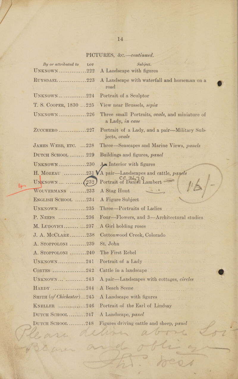  By or attributed to WNKNOWN . Sl Kaine VU V SDA: hoc adielic cons TEENEINO WIN .o.oi). dg dten T. S. Cooper, 1830 IT NENOWN os. co os: TiUOCUBRO O40 Qt JAMES WEBB, ETC. DUTCH SCHOOL ..25:,0:- TNE OWN is 72.00), «:027i di Ble IORTAU fh siecune ota « TINKNOIWN 30. o0.00.abs. OUVERMANS ........: ENGLISH SCHOOL ...... WINKNOMIW. .. hacedin. oe eo INES oo os Senn ola MLW DOVICT 215. .d2s8. J. A, Mieetarn 8, ‘A. STOPPOLONI «2.64203 AENECNOWON 305. oh owes nck Smita (of Chichester).. KRNBURHE 4c: ad tt Duten ScHoon ... 3544 14 PICTURES, &amp;c.—continued. LOT Subject. 222 A Laaeeis with figures 223 A Landscape with waterfall and horseman on a @ road 224 Portrait of a Sculptor 226 Three small Portraits, ovals, and miniature of a Lady, in case 227 Portrait of a Lady, and a pair—Military Sub- jects, ovals 229 Buildings and figures, panel © 230 Interior with figures nae 23] sa VA inte and cattle, adi pal , 32) Porteass St Pea laneveuee fy f | s 233 A Stag Hunt i cf ; J DS / 234 A Figure Subject: . 235 Three—Portraits of Ladies 236 Four—Flowers, and 3—Architectural studies 237 . A Girl holding roses 3 238 Cottonwood Creek, Colorado 239 St. John 240 The First Rebel 241 Portrait of a Lady 242 Cattle in a landscape S 243 &lt;A pair—Landscapes with cottages, circles 944 A Beach Scene 246 Portrait of the Earl of Lindsay 247 &lt;A Landscape, panel 248 Figures driving cattle and sheep, panel AE EE, a a Se  