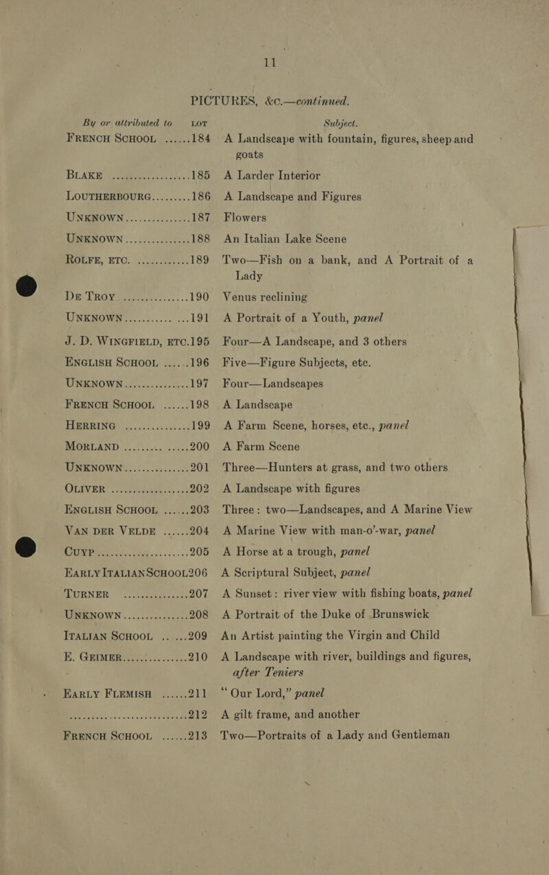 By or attributed to LOT FRENCH SCHOOL ...... 184 BLAKE cee eo 3S 185 LOUTHERBOURG......... 186 TEUNEBIUTN . «o.oo ccoe tues 187 UWRPENOWN ....0.. ccs ecces 188 SI, WTO. uyuse ass. 189 Le CRO eee... 190 UWENOWN: .... os... -05. 191 J. D. WINGFIELD, ETC.195 ENGLISH SCHOOL ...... 196 NOMEN WN. cds oc aviv co She's 197 FRENCH SCHOOL ...... 198 MISE BING co. cos (esate 199 BIGHLAND |. of) )2505 cans 200 WITPRNOWN i525 s8ec on ees 201 MILAVER? ss eeeeaynn’, +26 202 ENGLISH SCHOOL ...... 203 VAN DER VELDE ....... 204 ks ah... oy 205 EARLY ITALIAN SCHOOL206 PLURNER. go comeeees ts 207 MPMENOWN.....,.00nscccece 208 ITALIAN SCHOOL ......209 Hy. GRIME Reet ce oo. das 210 EARLY FLEMISH ...... 211 ay IRE ES 212 FRENCH SCHOOL ...... 213 Subject. A Landscape with fountain, figures, sheep and goats A Larder Interior A Landscape and Figures Flowers An Italian Lake Scene Two-—Fish on a bank, and A Portrait of a Lady Venus reclining A Portrait of a Youth, panel Four—A Landscape, and 3 others Five—Figure Subjects, ete. Four—Landscapes A Landscape A Farm Scene, horses, etc., panel A Farm Scene Three—Hunters at grass, and two others A Landscape with figures Three : two—Landscapes, and A Marine View A Marine View with man-o’-war, panel A Horse at a trough, panel A Scriptural Subject, panel A Sunset: river view with fishing boats, pane/  A Portrait of the Duke of Brunswick An Artist painting the Virgin and Child A Landscape with river, buildings and figures, after Teniers “ Our Lord,” panel A gilt frame, and another Two—Portraits of a Lady and Gentleman