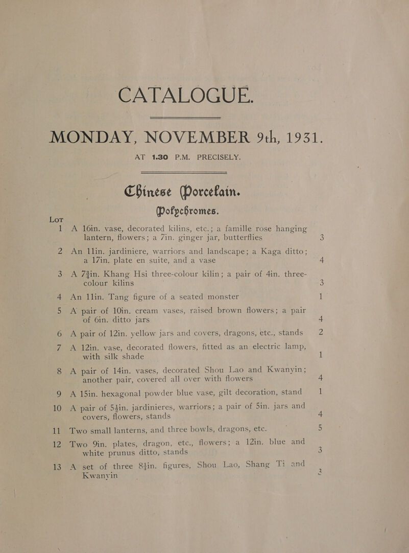 CATALOGUE. AT 1.30 P.M. PRECISELY. CBinese Porcefain. Dofpchromes. A 16in. vase, decorated kilins, etc.; a famille rose hanging lantern, flowers; a 7in. ginger jar, butterflies An llin. jardiniere, warriors and landscape; a Kaga ditto; meee plate en suite,'and_a vase A 73in. Khang Hsi three-colour kilin; a pair of 4in. three- colour kilins ; An llin. Tang figure of a seated monster A pair of 10in. cream vases, raised brown flowers; a pair of 6in. ditto jars A pair of 12in. yellow jars and covers, dragons, etc., stands A 12in. vase, decorated flowers, fitted as an electric lamp, with silk shade A pair of 14in. vases, decorated Shou Lao and Kwanyin; another pair, covered all over with flowers A 15in. hexagonal powder blue vase, gilt decoration, stand A pair of 54in. jardinieres, warriors; a pair of 5in. jars and covers, flowers, stands Two small lanterns, and three bowls, dragons, etc. Two Qin. plates, dragon, etc., flowers; a 12in. blue and white prunus ditto, stands A set of three Stin. figures, Shou Lao, Shane Ti,and Kwanyin oN)