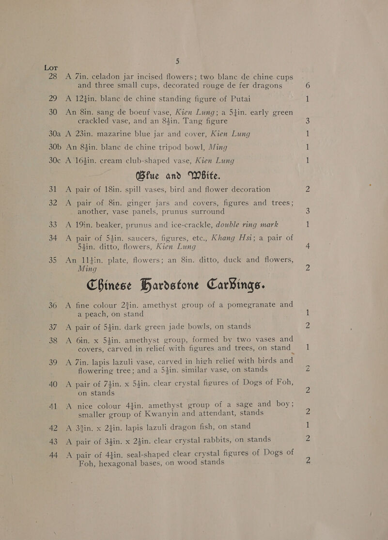 Lor 28 29 30 30a 30b BUG ot SZ =) 34 oD 30 37 38 30 40 A] 42 43 A4 5 A 7in. celadon jar incised flowers; two blanc de chine. cups and three small cups, decorated rouge de fer dragons A 12}in. blane de chine standing figure of Putai An 8in. sang de boeuf vase, Kien Lung; a 5t}in. early green crackled vase, and an 84in. Tang figure A 23in. mazarine blue jar and cover, Kien Lung An 84in. blanc de chine tripod bowl, Ming A 1641n. cream club-shaped vase, Kien Lung Bfue and White. A pair of 18in. spill vases, bird and flower decoration PP aireot,oin, ginger jars and covers,.figures: and. trees; another, vase panels, prunus surround A 19in. beaker, prunus and ice-crackle, double ring mark Peper of 54in. saucers, figures, etc., Khang Hs1; a pair of 54in. ditto, flowers, Kien Lun 2 y ’ e An 1lHin. plate, flowers; an 8in. ditto, duck and flowers, Ming CBinese Hardstone Car¥ings. A fine colour 23in. amethyst group of a pomegranate and a peach, on stand A pair of 54in. dark green jade bowls, on stands A 6in. x 54in. amethyst group, formed by two vases and A 7in. lapis lazuli vase, carved in high relief with birds and flowering tree; and a 54in. similar vase, on stands A pair of 74in. x 54in. clear crystal figures of Dogs of Foh, on stands A nice colour 44in. amethyst group of a sage and boy; smaller group of Kwanyin and attendant, stands A 3%in. x 2}in. lapis lazuli dragon fish, on stand A pair of 34in. x 2}in. clear crystal rabbits, on stands A pair of 44in. seal-shaped clear crystal figures of Dogs of Foh, hexagonal bases, on wood stands —_ —| — GW bw)