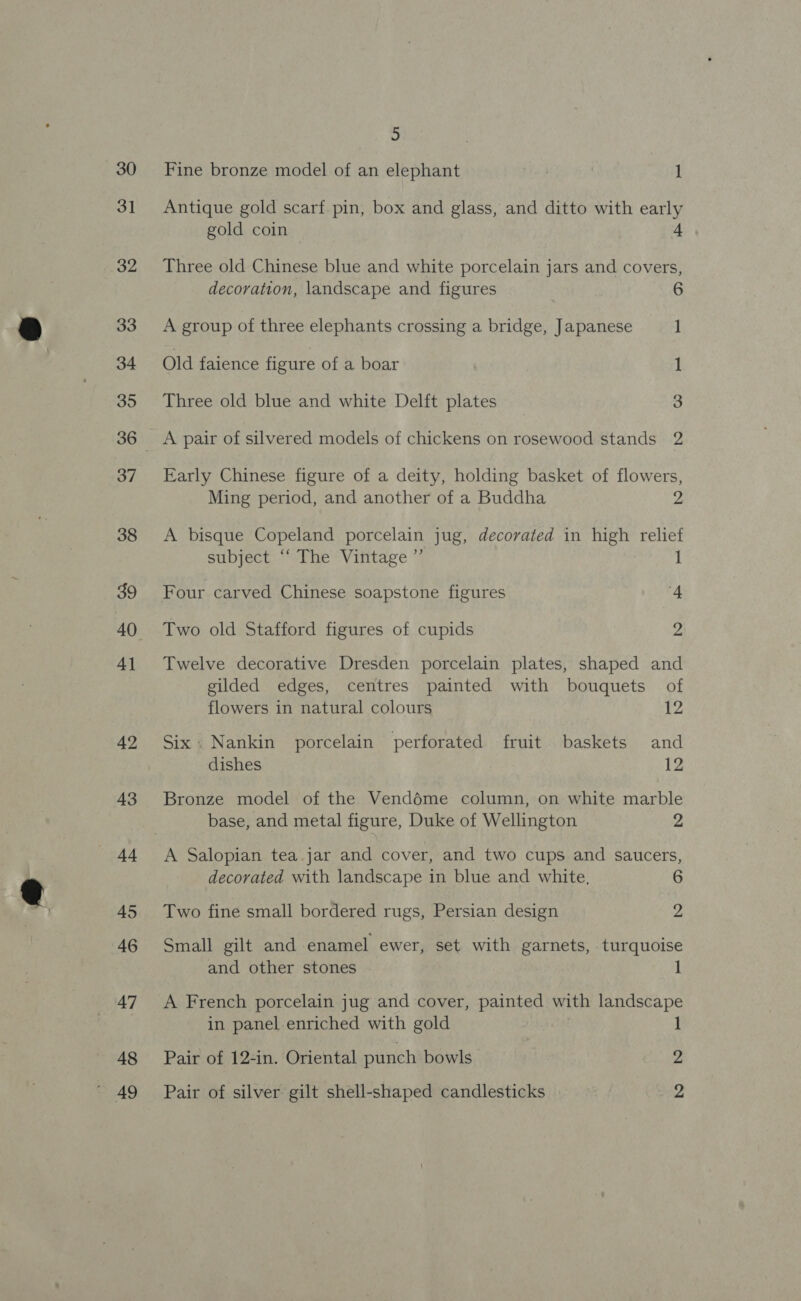 30 3] 32 33 34 35 37 38 39 4] 42 43 45 46 47 48 49 5 Fine bronze model of an elephant 1 Antique gold scarf pin, box and glass, and ditto with early gold coin 4 Three old Chinese blue and white porcelain jars and covers, decoration, landscape and figures i 6 A group of three elephants crossing a bridge, Japanese 1 Old faience figure of a boar 1 Three old blue and white Delft plates 3 A pair of silvered models of chickens on rosewood stands 2 Early Chinese figure of a deity, holding basket of flowers, Ming period, and another of a Buddha 2 A bisque Copeland porcelain jug, decorated in high relief subject .“-the “Vititage ” 1 Four carved Chinese soapstone figures 4 Two old Stafford figures of cupids 2 Twelve decorative Dresden porcelain plates, shaped and gilded edges, centres painted with bouquets of flowers in natural colours 12 Six. Nankin porcelain perforated fruit baskets and dishes 12 Bronze model of the Vendéme column, on white marble base, and metal figure, Duke of Wellington 2 A Salopian tea.jar and cover, and two cups and saucers, decorated with landscape in blue and white. 6 Two fine small bordered rugs, Persian design 2 Small gilt and enamel ewer, set with garnets, turquoise and other stones 1 A French porcelain jug and cover, painted with landscape in panel-enriched with gold 1 Pair of 12-in. Oriental punch bowls | 2 Pair of silver gilt shell-shaped candlesticks 2