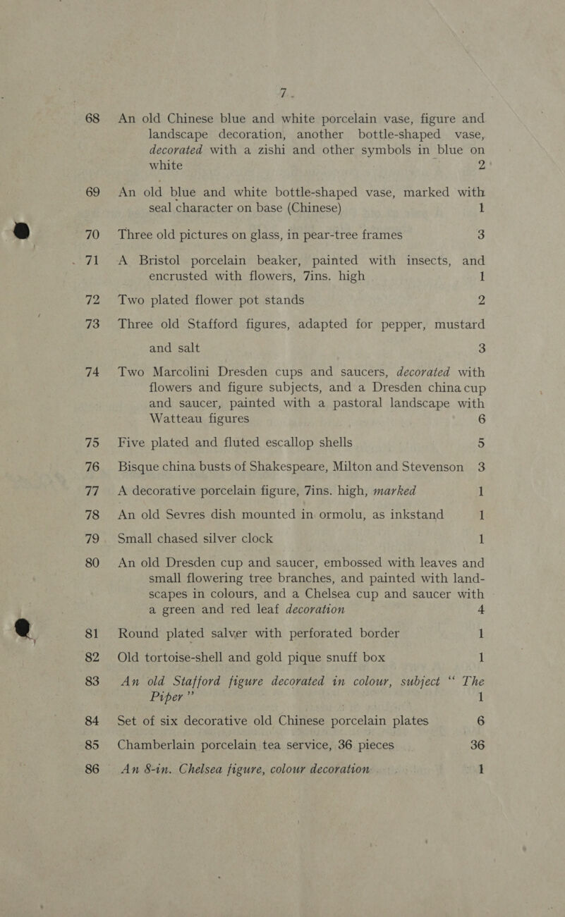 68 69 70 72 73 74 75 76 77 78 79 80 81 82 83 84 85 hi An old Chinese blue and white porcelain vase, figure and landscape decoration, another bottle-shaped vase, decorated with a zishi and other symbols in blue on white 2 An old blue and white bottle-shaped vase, marked with seal character on base (Chinese) 1 Three old pictures on glass, in pear-tree frames 3 A Bristol porcelain beaker, painted with insects, and encrusted with flowers, 7ins. high 1 Two plated flower pot stands . Three old Stafford figures, adapted for pepper, mustard and salt g Two Marcolini Dresden cups and saucers, decorated with flowers and figure subjects, and a Dresden china cup and saucer, painted with a pastoral landscape with Watteau figures 6 Five plated and fluted escallop shells Bisque china busts of Shakespeare, Milton and Stevenson A decorative porcelain figure, Zins. high, marked An old Sevres dish mounted in ormolu, as inkstand =_- —_ = — a Small chased silver clock An old Dresden cup and saucer, embossed with leaves and small flowering tree branches, and painted with land- scapes in colours, and a Chelsea cup and saucer with - a green and red leaf decoration + Round plated salver with perforated border 1 Old tortoise-shell and gold pique snuff box 1 An old Stafford figure decorated in colour, subject “‘ The Piper” . 1 Set of six decorative old Chinese porcelain plates 6 Chamberlain porcelain tea service, 36 pieces 36 An 8-in. Chelsea figure, colour decoration. . A