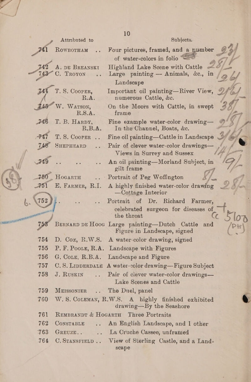 | 10 aL Attributed to Subjects. of water-colors in folio “~~ IAS Skeou Bavinsct \/Hightannke StmiereniCattio mem i os C. Troyon .. Large painting — Animals, &amp;c., in gy hg F cesntl® A hae] é -e Z  Landscape yt T. S. Cooprr, Important oil painting—River View, off) R.A. numerous Cattle, &amp;. : 5” Ww. WATSON, On the Moors with Cattle, in swept R.S.A. frame 7% T.B. Harpy, Fine example water-color GEAWINE tons R.B.A. In the Channel, Boats, &amp;c. 7h T. S. Cooper .. Fine oil painting—Cattle in Landscape .% we SHEPHEARD .. Pair of clever water-color drawings— , 3 Vbje  Views in Surrey and Sussex ¢ Aj — 79 aN Se .. An oil painting— Morland pass in L- s op. gilt frame “. : 80, HocartH .. Portrait of Peg Woffington &amp;/. &amp;. %) “¥ a1 E. Farmer, R.I. A highly finished water-color drawing —Cottage Interior ‘ a .. Portrait of Dr. Richard meee celebrated surgeon Ae diseases oft a ' the throat a pe Ber NARD DE Hooa Large painting—Dutch Cattle ae Figure in Landscape, signed 754 %D. Cox, R.W.S. A water-color drawing, signed 755 P.¥F.Poorz, R.A. Landscape with Figures ‘756 G. Coxe, R.B.A. Landscape and Figure ‘757 ©O.S.Lipperpate A water-color drawing— Figure Subject  758 J. Ruskin .. Pair of ciever water-color drawings— Lake Scenes and Cattle 759 MetssonieR .. The Duel, panel 760 W.S. Coreman, R.W.S, A _ highly finished exhibited drawing—By the Seashore 761 Rempranpt &amp; HocartH Three Portraits 762 ConsTaBLE .. An English Landscape, and 1 other 763 GRBEUZE.. .. La Cruche Cassee, unframed 764 C.Sransrietp.. View of Sterling Castle, and a Land- scape ay f ~ &lt; = : when 69 EO, ay es) 