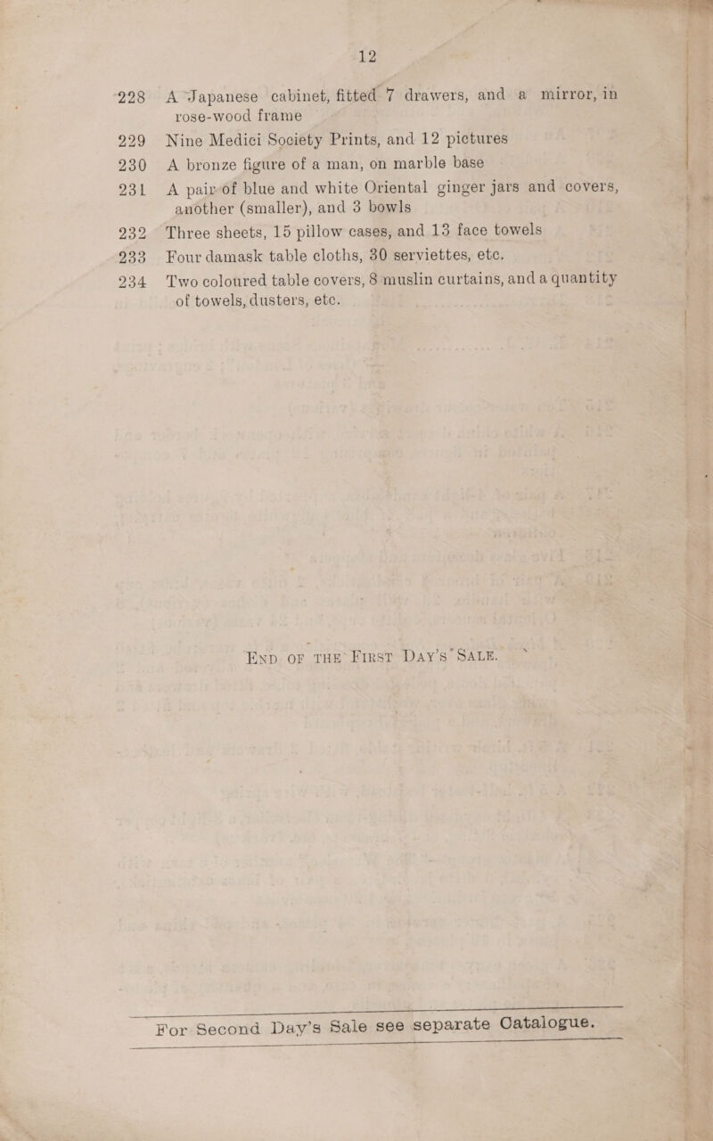229 230 231 232 233 234 12 rose-wood frame Nine Medici Society Prints, and 12 pictures A bronze figure of a man, on marble base A pair-of blue and white Oriental ginger jars and covers, another (smaller), and 3 bowls Three sheets, 15 pillow cases, and 13 face towels Four damask table cloths, 30 serviettes, etc. Two coloured table covers, 8 muslin curtains, and a quantity of towels, dusters, etc. » END OF THE FIRST DAy’S SALE.    a