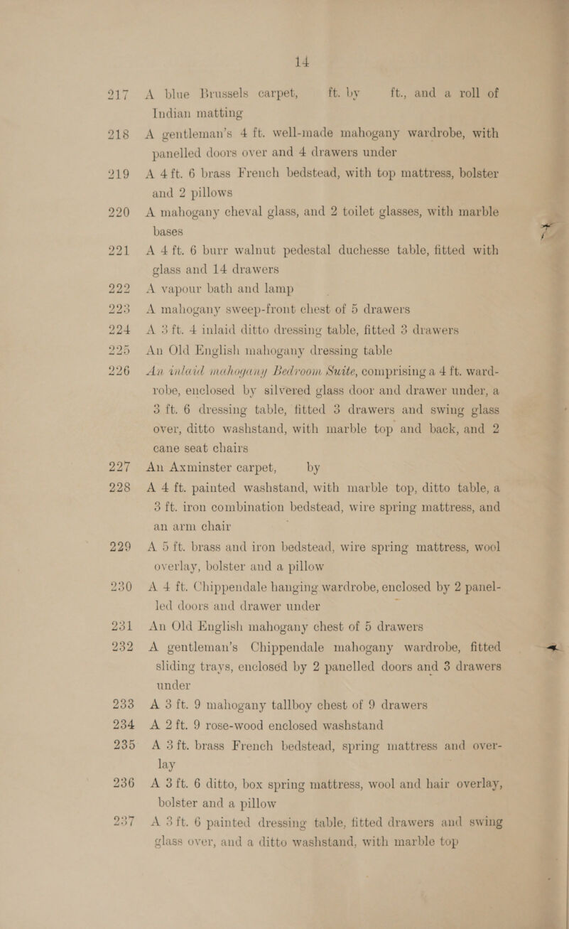  14 A blue Brussels carpet, ft. by ft., and a roll of Indian matting A gentleman’s 4 ft. well-made mahogany wardrobe, with panelled doors over and 4 drawers under A 4ft. 6 brass French bedstead, with top mattress, bolster and 2 pillows A mahogany cheval glass, and 2 toilet glasses, with marble bases 4 A 4 ft. 6 burr walnut pedestal duchesse table, fitted with glass and 14 drawers A vapour bath and lamp A mahogany sweep-front chest of 5 drawers A 5 ft. + inlaid ditto dressing table, fitted 3 drawers An Old English mahogany dressing table An inlaid inchogany Bedroom Suite, comprising a 4 ft. ward- robe, enclosed by silvered glass door and drawer under, a 3 ft. 6 dressing table, fitted 3 drawers and swing glass over, ditto washstand, with marble top and back, and 2 cane seat chairs An Axminster carpet, by A 4 ft. painted washstand, with marble top, ditto table, a 3 ft. iron combination bedstead, wire spring mattress, and an arm chair A 5 ft. brass and iron bedstead, wire spring mattress, wool overlay, bolster and a pillow A 4 ft. Chippendale hanging wardrobe, enclosed by 2 panel- led doors and drawer under ’ An Old English mahogany chest of 5 drawers A gentleman’s Chippendale mahogany wardrobe, fitted ~ sliding trays, enclosed by 2 panelled doors and 3 drawers under A 3 ft. 9 mahogany tallboy chest of 9 drawers A 2 ft. 9 rose-wood enclosed washstand A 3ft. brass French bedstead, spring mattress and over- lay 7 A 3ft. 6 ditto, box spring mattress, wool and hair overlay, bolster and a pillow ) A 3ft. 6 painted dressing table, titted drawers and swing glass over, and a ditto washstand, with marble top |