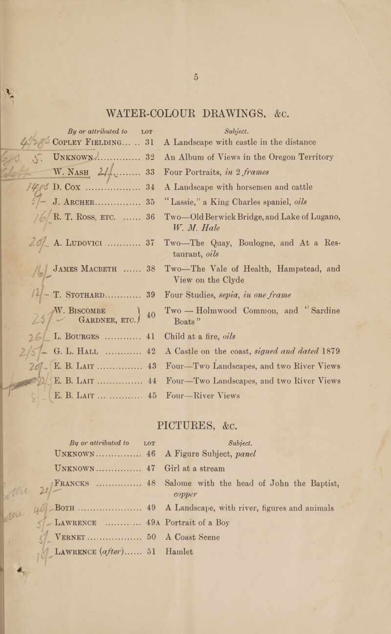 By or attributed to LOT G/e§° COPLEY FIELDING... .. 31 me Unknown / ES ee 32 —W. Nasi Dh, 33 a j a tee DE OO ice cos voy oe 34 a: UePARCHER,«..:....:.-%+- 35 fief |. ROSS; HTC. 4... 36 20]. A. Lupovict ........... o7 / / | James MACBETH ...... 38 , Vie ce fee! STOTHARD.....;...... 39 _ __gW. BISCOMBE \ 40 AA / — GARDNER, ETC. Sil J. BOURGES ............ 4] Mee oye. GC. I, Haui-.:.......... 49 Perm tH OR LAI 2... es 43 / D “4 Be be LATE 2 sei o.. 035 44 j es LAUT oe, ovr 2 45 By or attributed to LOT WINIENOWIN .. 0.0 oskcdo. 46 WNERNOWN oii. .5. 47 , ,JURANCKS ..........5... 48 Pe f/ ao DM OUED secs. sees ee 49 i * {LAWRENCE © .......... 4 MEN ERON EST eos « Bicstsauc cence 50 . nie LAWRENCE (after)...... 51  Subject. A Landscape with castle in the distance An Album of Views in the Oregon Territory Four Portraits, 7 2 frames A Landscape with horsemen and cattle “Lassie,” a King Charles spaniel, o7/s Two—Old Berwick Bridge, and Lake of Lugano, W. M. Hale Two—The Quay, ete | and At a Res- taurant, ovls Two—The Vale of Health, veh tend, and View on the Clyde Four Studies, sepza, in one frame “Sardine Two — Holmwood Common, and Boats ” Child at a fire, ozs A Castle on the coast, segned and dated 1879 Four—Two Landscapes, and two River Views Four—Two Landscapes, and two River Views Four—River Views Subject. A Figure Subject, panel Girl at a stream Salome with the head of John the Baptist, copper A Landscape, with river, figures and animals A Coast Scene Hamlet