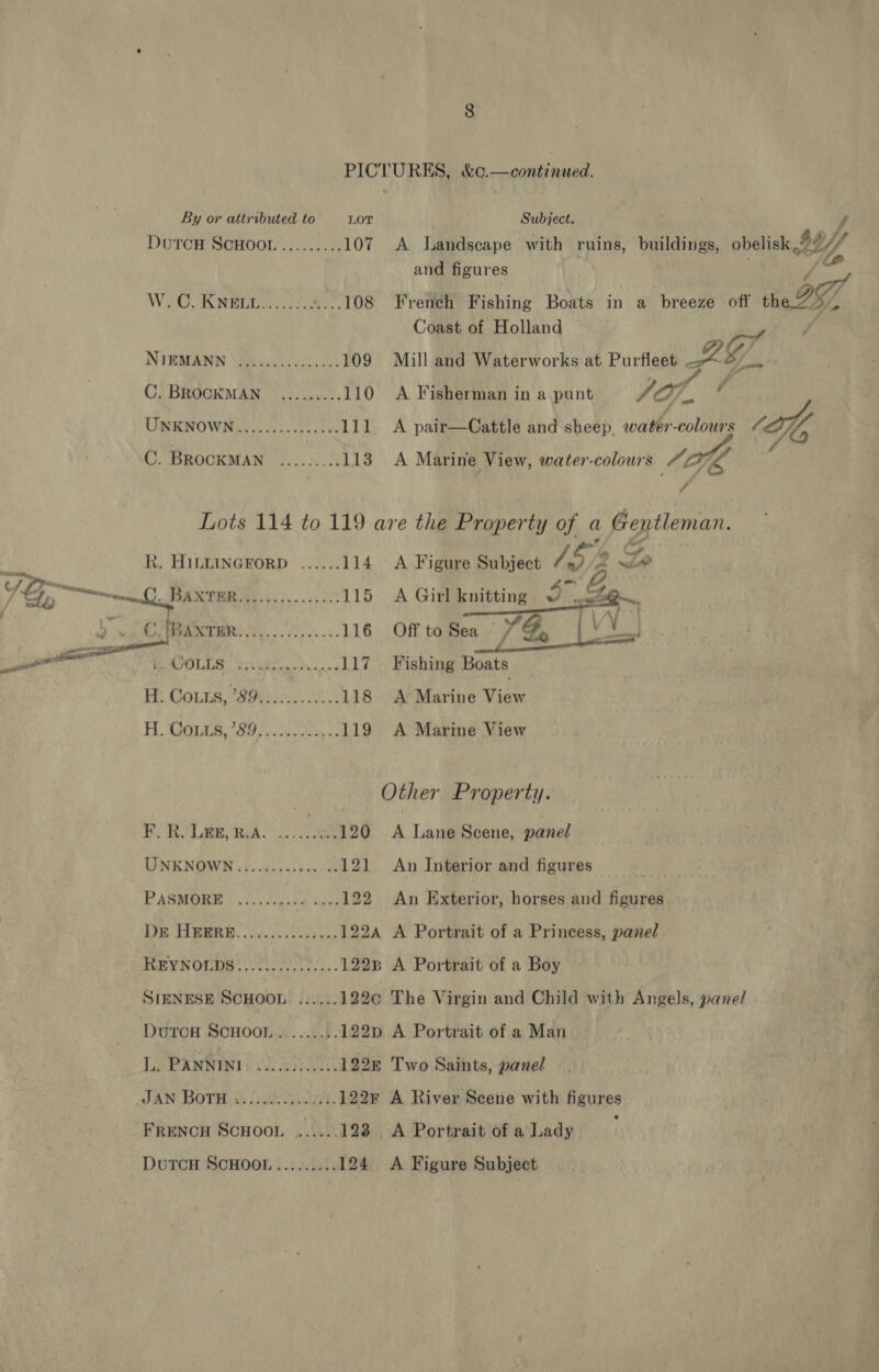 PICTURES, &amp;c.—continued. By or attributed to LOT Subject. DuTCH SOHOOL ......... 107 A Landscape with ruins, buildings, obelisk bY and figures W.C. KNELL.....:.. ....108 French Fishing Boats in a breeze off th | Coast of Holland NIEMANN \Waaguls oie 109 Mill and Waterworks at Purfleet Le, C. BROCKMAN .,........ 110 &lt;A Fisherman in a punt WI, URENOWN,.\.. 2.055.604 6 111 A pair—Cattle and sheep, water-colours HA C. BROOKMAN ......... 113 A Marine View, water-colours AD id # ¢7 Lots 114 to 119 are the Property ye a Gentleman. #3 R. H1ILLINGEORD ...... 114 A Figure Subject AY = oF ° he ia BRR te x ER 115 A Girl knitting De oe f é —&lt;—$ \f @ € 1 Baxter 3, CAR gE 116 Off to Sea — YG, V ag! - ° © i SP anh ORGS WH Pe pghcye bit 117. Fishing Boats Hi. Conia 7a 118 A’ Marine View PEGS Be Fidelis bi 119 A Marine View Other Property. F. R. Lee, B.A. ee LY A Lane Scene, panel UNKNOWN. 3. des ee uk 121 An Interior and figures PASMORE © .50. pate dinws 122 An Reenior: horses and figures Dr HEERE............... 122A A Portrait of a Princess, panel REYNOUIG. ele. 1228 A Portrait of a Boy SIENESE SCHOOL ...... 1220 The Virgin and Child with Angels, pane/ DutTrcH SCHOOL. ....... 122p A Portrait of a Man LPRNNINE Day at 122&amp; Two Saints, panel — . JAN BOTH) ek [ite ick: 122r A River Scene with figures FRENCH SCHOOL ...... 123 A Portrait of a Lady