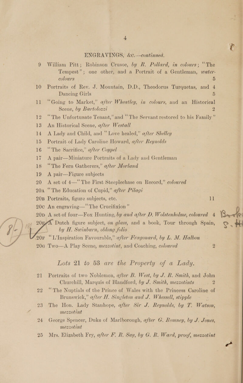  ENGRAVINGS, &amp;c.-—vontinued. colours 5 Portraits of Rev. J. Mountain, D.D., Theodorus Turquetas, ani 4 Dancing Girls 2) “Going to Market,” after Wheatley, in colours, and an Historical Scene, by Bartolozzi 9 “The Unfortunate Tenant,” and “The Servant restored to his Family ” An Historical Scene, after Westall A Lady and Child, and “ Love healed,” after Shelley Portrait of Lady Caroline Howard, after Reynolds “The Sacrifice,” after Coypel A pair—Miniature Portraits of a Lady and Gentleman “The Fern Gatherers,” after Morland A pair—Figure subjects A set of 4—“‘ The First Steeplechase on Record,” coloured “The Education of Cupid,” after Pilagi Portraits, figure subjects, etc. 11 An engraving—*‘ The Crucifixion ” A set of four—Fox Hunting, by and after D. Wolstenholme, coloured 4 Bei Dutch figure subject, on glass, and a book, Tour through Spain, ° . $4 by H. Swinburn, oblong folio | “T’Inspiration Favourable,” after Fragonard, by L. M. Halbon Two  A Play Scene, mezzotint, and Coaching, coloured Z Lots 21 to 58 are the Property of a Lady. Portraits of two Noblemen, after B. West, by J. R. Smith, and John Churchill, Marquis of Blandford, by J. Smith, mezzotints 2 “The Nuptials of the Prince of Wales with the Princess Caroline. of Brunswick,” after H. Singleton and J. Whessell, stipple The Hon. Lady Stanhope, after Sir J. Reynolds, by T. Watson; mezzotint George Spencer, Duke of Marlborough, after G. Romney, by J. Jones, mezzotint Mrs. Elizabeth Fry, after F. R, Say, by G. R. Ward, proof, mezzotint