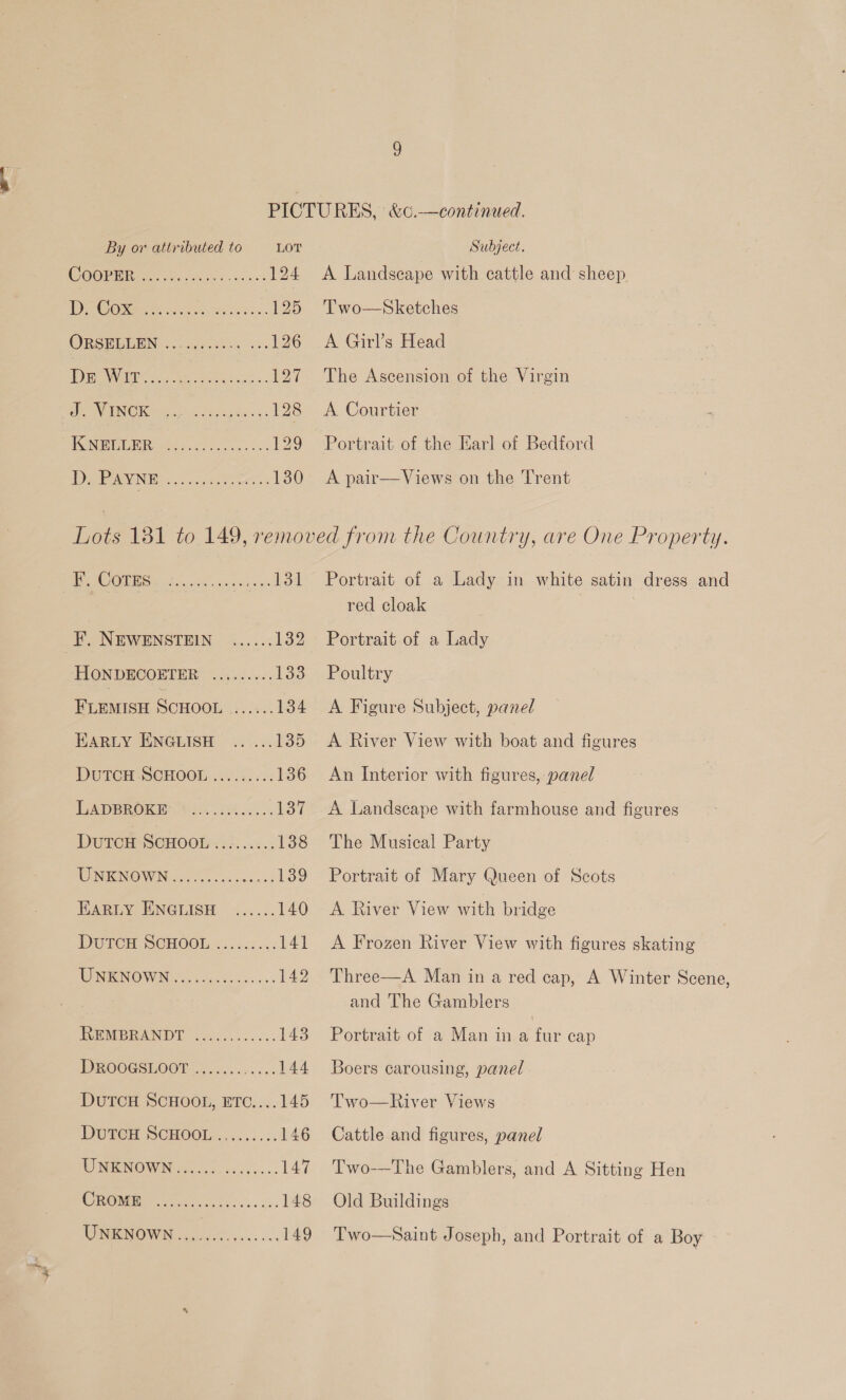 OC San ee 124 DD AO Onaee rts oaun wre oi. 125 OBSMEUEHING: gq s-s8s4 se. 126 DE WORE ya aes Po ea... boy Ve NOK Saga 128 IONBEB Rother eis. os 129 DANE nti 130 A Landseape with cattle and sheep T'wo—sSketches A Girl’s Head The Ascension of the Virgin A Courtier Portrait of the Earl of Bedford A pair—Views on the Trent PE OOEN Se ai. ace ax tenes 134 F. NEWENSTEIN ...... 132 HONDECOBIER . 0.35... 133 FLEMISH ScHooL vie 134 EARLY ENGLISH ...... 135 DUTCH-SCHOOL...¢.55¢: 136 LADBROKE s.2 ah... 137 DUTCH SCHOO <>). 0: .: 138 LOLS SS Csi Se 39 EARLY ENGLISH ...... 140 DUree SCHOOE s.. .....: 141 UNERNOWN SiS... 142 VENER RAIND Dosis... <<, 143 DROOGSLOOT yok. le... 144 DUTCH SCHOOL, ETc,...145 DUTeH SCHOOL... ...:. 146 WD WIGNOWIN anc cs cir... 147 WOME heey as. ce 148 UWINEINOWN co. oon. ss 149 Portrait of a Lady in white satin dress and red cloak Portrait of a Lady Poultry A Figure Subject, panel A River View with boat and figures An Interior with figures, panel A Landscape with farmhouse and figures The Musical Party Portrait of Mary Queen of Scots A River View with bridge A Frozen River View with figures skating Three—A Man in a red cap, A Winter Scene, and The Gamblers Portrait of a Man in a fur cap Boers carousing, panel Two—River Views Cattle and figures, panel Two--The Gamblers, and A Sitting Hen Old Buildings Two—Saint Joseph, and Portrait of a Boy