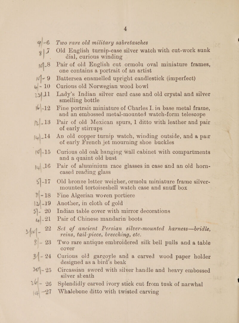 \yf-19 5] 20 ak 21 qyY sy em, mae bar « peeeSe 4 bo bo 3) - 24 3 ~ O25 uel. 26 (Uy at 4 Two rare old military sabretasches Old English turnip-case silver watch with cut-work sunk dial, curious winding © Pair of old English cut ormolu oval miniature frames, one contains a portrait of an artist Battersea enamelled upright candlestick (imperfect) Curious old Norwegian wood bowl Lady’s Indian silver card case and old crystal and silver smelling bottle Fine portrait miniature of Charles I.in base metal frame, and an embossed metal-mounted watch-form telescope Pair of old Mexican spurs, 1 ditto with leather and pair | of early stirrups An old copper turnip watch, winding outside, and a pair of early French jet mourning shoe buckles Curious old oak hanging wall cabinet with compartments and a quaint old bust Pair of aluminium race glasses in case and an old horn- cased reading glass ) Old bronze letter weigher, ormolu miniature frame silver- mounted tortoiseshell watch case and snuff box Fine Algerian woven portiere Anotier, in cloth of gold Indian table cover with mirror decorations Pair of Chinese mandarin boots Set of ancient Persian silver-mounted harness—bridle, reins, tail-prece, breeching, ctc. Two rare antique embroidered silk bell pulls and a table cover Curious old gargoyle and a carved wood paper holder designed as a bird’s beak Circassian sword with silver handle and heavy embossed silver sheath Splendidly carved ivory stick cut from tusk of narwhal Whalebone ditto with twisted carving