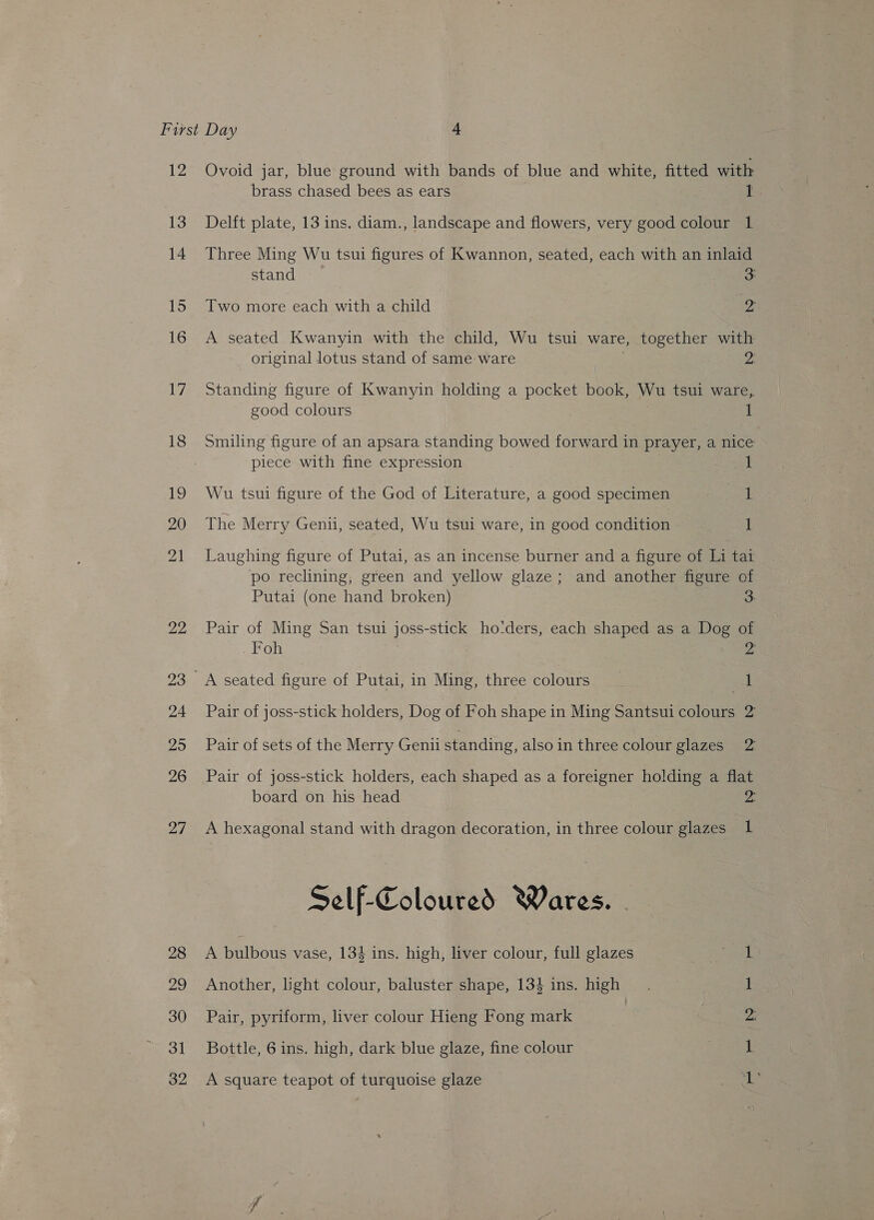 12 13 14 15 16 17 18 19 20 21 28 Ag 30 31 32 Ovoid jar, blue ground with bands of blue and white, fitted with brass chased bees as ears I Delft plate, 13 ins. diam., landscape and flowers, very good colour 1 Three Ming Wu tsui figures of Kwannon, seated, each with an inlaid stand 3: Two more each with a child a A seated Kwanyin with the child, Wu tsui ware, together with original lotus stand of same ware Pe Standing figure of Kwanyin holding a pocket book, Wu tsui ware, good colours 1 Smiling figure of an apsara standing bowed forward in prayer, a nice piece with fine expression Wu tsui figure of the God of Literature, a good specimen Sack The Merry Genii, seated, Wu tsui ware, in good condition ‘| Laughing figure of Putai, as an incense burner and a figure of Li tat po reclining; green and yellow glaze; and another figure of Putai (one hand broken) 3: Pair of Ming San tsui joss-stick ho‘ders, each shaped as a Dog of Foh A A seated figure of Putai, in Ming, three colours al Pair of joss-stick holders, Dog of Foh shape in Ming Santsui colours 2 Pair of sets of the Merry Genii standing, also in three colour glazes 2 Pair of joss-stick holders, each shaped as a foreigner holding a flat board on his head 2 A hexagonal stand with dragon decoration, in three colour glazes 1 Self-Coloured Wares. A bulbous vase, 134 ins. high, liver colour, full glazes Another, light colour, baluster shape, 134 ins. high Pair, pyriform, liver colour Hieng Fong mark Bottle, 6 ins. high, dark blue glaze, fine colour Ee yp Se A square teapot of turquoise glaze