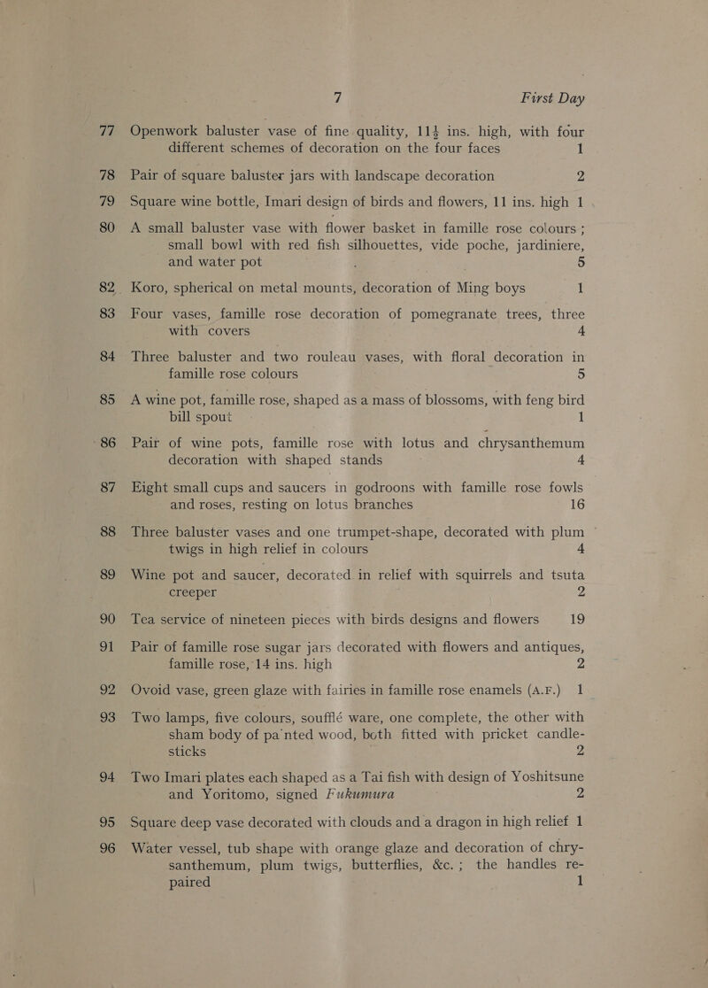 77 78 qa 80 83 84 85 86 87 88 89 90 91 92 93 94 95 96 7 First Day Openwork baluster vase of fine quality, 114 ins. high, with four different schemes of decoration on the four faces 1 Pair of square baluster jars with landscape decoration 2 Square wine bottle, Imari design of birds and flowers, 11 ins. high 1 A small baluster vase with flower basket in famille rose colours ; small bowl with red fish silhouettes, vide poche, jardiniere, and water pot | 5 Koro, spherical on metal mounts, decoration of Ming boys 1 Four vases, famille rose decoration of pomegranate trees, three with covers 4 Three baluster and two rouleau vases, with floral decoration in famille rose colours 5 A wine pot, famille rose, shaped as a mass of blossoms, with feng bird bill spout 1 Pair of wine pots, famille rose with lotus and chrysanthemum decoration with shaped stands a Fight small cups and saucers in godroons with famille rose fowls and roses, resting on lotus branches 16 Three baluster vases and one trumpet-shape, decorated with plum twigs in high relief in colours 4 Wine pot and saucer, decorated in relief with squirrels and tsuta creeper 2 Tea service of nineteen pieces with birds designs and flowers 19 Pair of famille rose sugar jars decorated with flowers and antiques, famille rose, 14 ins. high 2 Ovoid vase, green glaze with fairies in famille rose enamels (A.F.) 1 Two lamps, five colours, soufflé ware, one complete, the other with sham body of pa’‘nted wood, both fitted with pricket candle- sticks 2 Two Imari plates each shaped as a Tai fish with design of Yoshitsune and Yoritomo, signed Fukumura 2 Square deep vase decorated with clouds and a dragon in high relief 1 Water vessel, tub shape with orange glaze and decoration of chry- santhemum, plum twigs, butterflies, &amp;c.; the handles re-