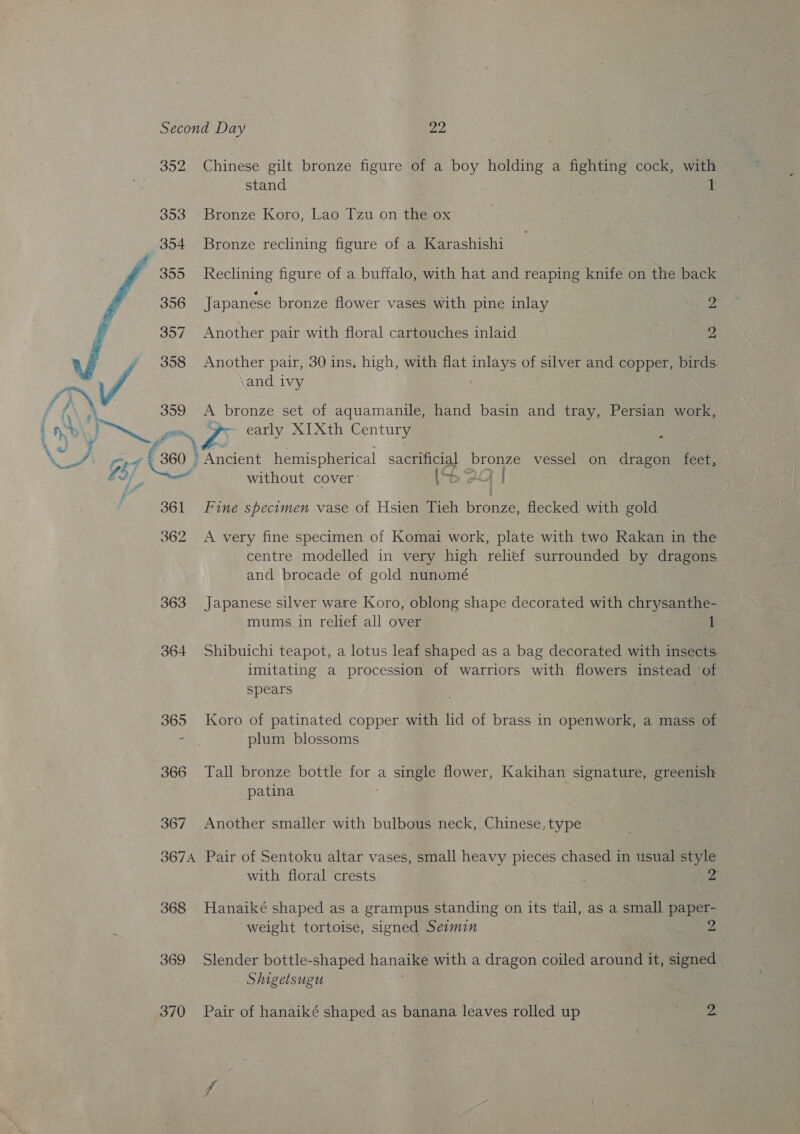  352, 353 _ 354 sie 356 357 358 et Pa Be, 364 365 366 367 367A 368 369 Chinese gilt bronze figure of a boy holding a fighting cock, with stand 1 Bronze Koro, Lao Tzu on the ox Bronze reclining figure of a Karashishi Reclining figure of a buffalo, with hat and reaping knife on the back Japanese bronze flower vases with pine inlay 4 Another pair with floral cartouches inlaid 2 Another pair, 30 ins. high, with flat inlays of silver and copper, birds. and ivy A bronze set of aquamanile, hand basin and tray, Persian work, yo early XI Xth Century “Ancient hemispherical ee bronze vessel on dragon feet, without cover (“6 Dc Fine specimen vase of Hsien Tieh aoe flecked with gold A very fine specimen of Komai work, plate with two Rakan in the centre modelled in very high relief surrounded by dragons and brocade of gold nunomé Japanese silver ware Koro, oblong shape decorated with chi Ysa mums in relief all over 1 Shibuichi teapot, a lotus leaf shaped as a bag decorated with insects. imitating a procession of warriors with flowers instead of — spears Koro of patinated copper with lid of brass in openwork, a mass of plum blossoms Tall bronze bottle for a single flower, Kakihan signature, greenish patina Another smaller with bulbous neck, Chinese, type Pair of Sentoku altar vases, small heavy pieces chased in usual style with floral crests v5 Hanaiké shaped as a grampus standing on its tail, as a small paper- weight tortoise, signed Sesmin 2. Slender bottle-shaped hanaike with a Seon coiled around it, signed Shigetsugu